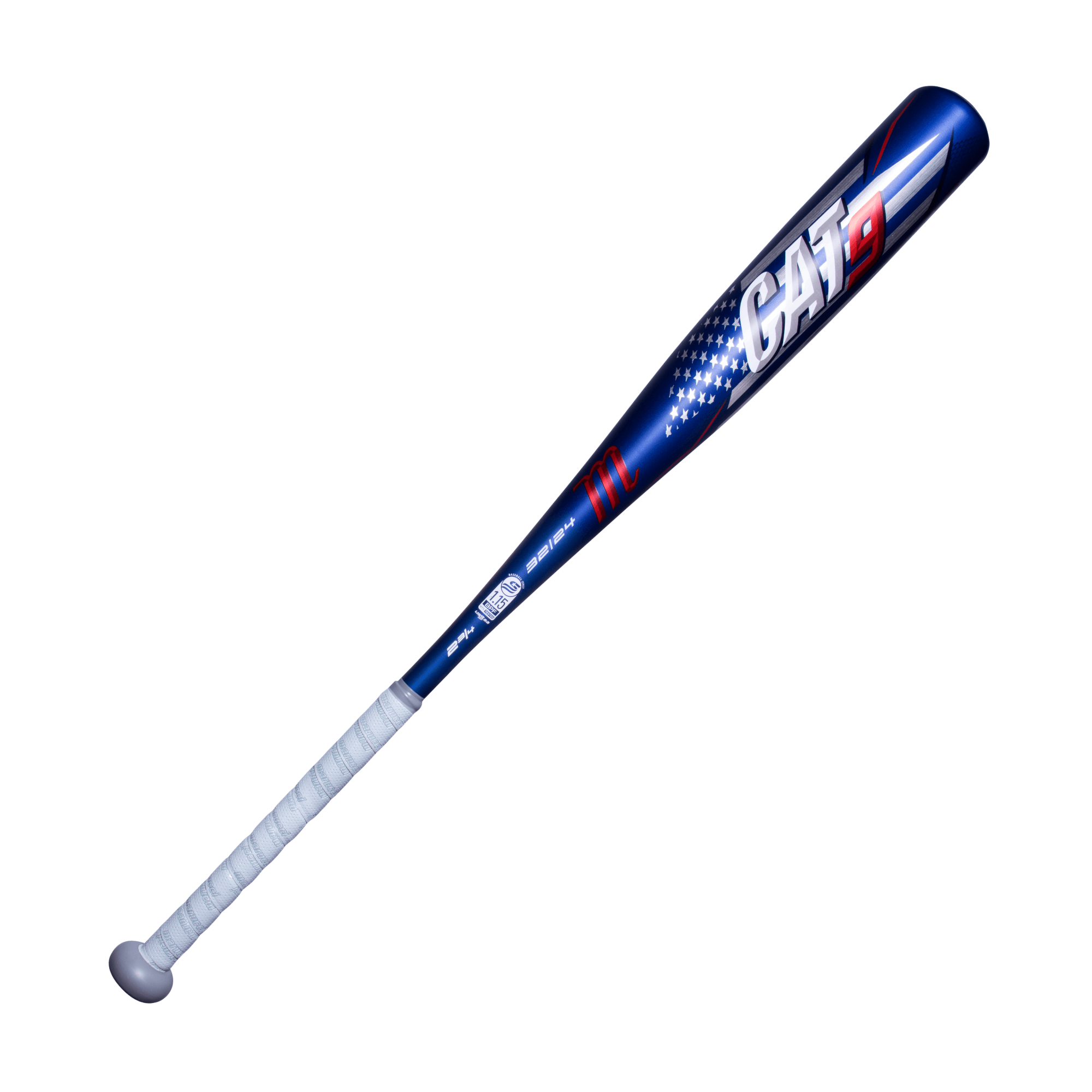 Marucci Cat9 America -8 aluminum bat with blue design and large sweet spot for improved performance and feel.