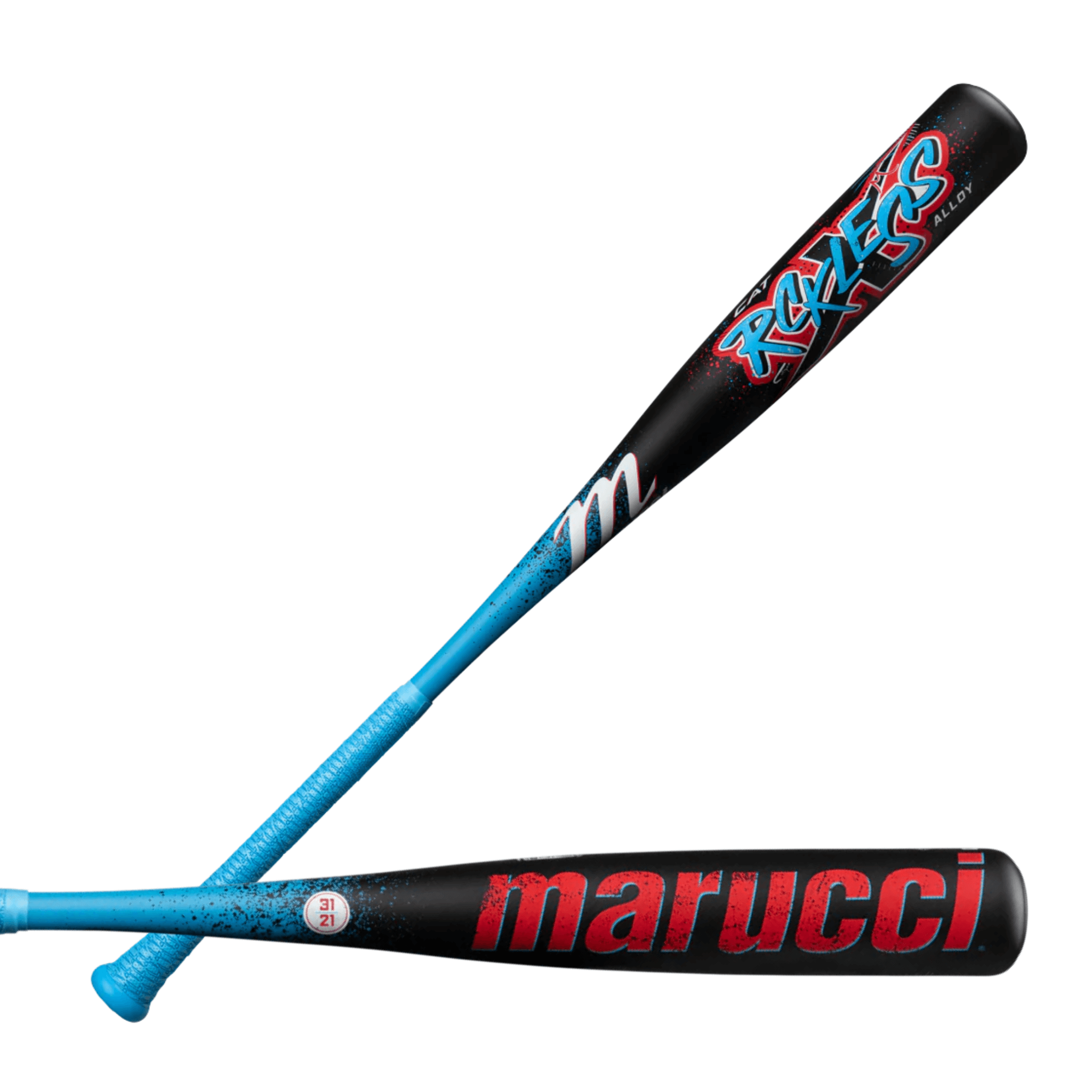 Marucci CAT X RCKLESS Senior League USSSA Baseball Bat with blue and black design, showcasing ring-free barrel construction.