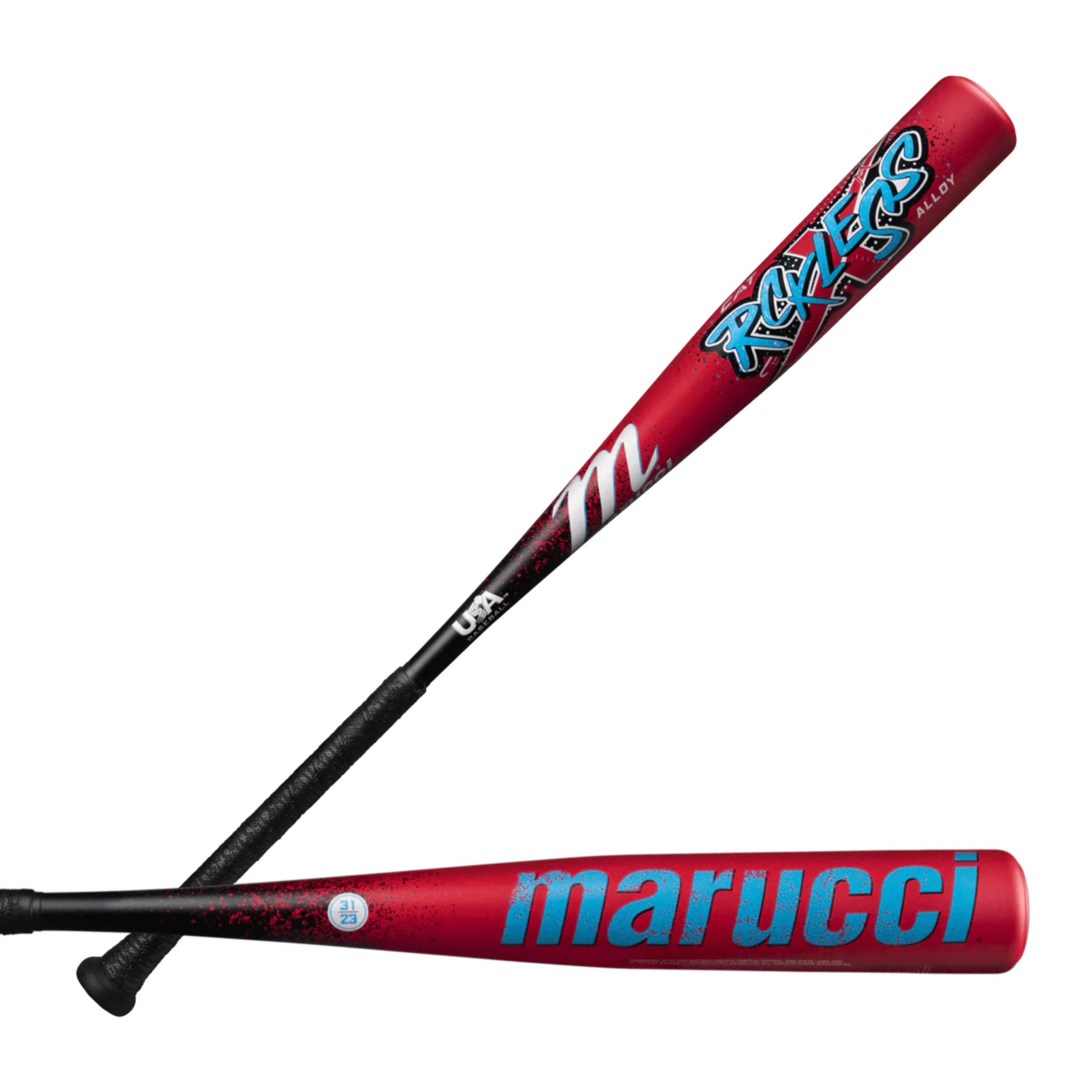 Front and back view of Marucci CAT X RCKLESS Senior League USA Baseball Bat (-8)