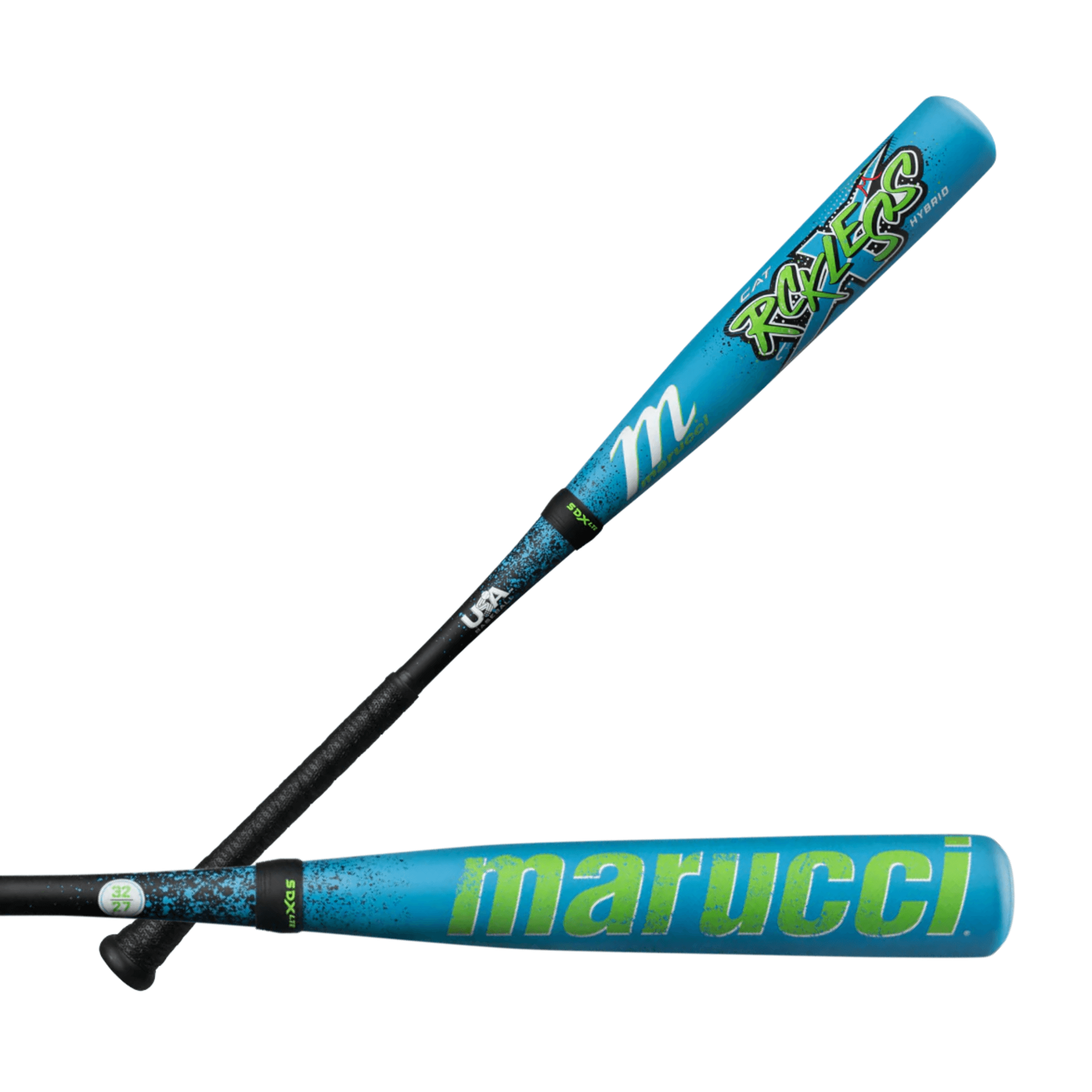 Marucci CAT X RCKLESS Hybrid Senior League (-5) USA Baseball Bat featuring a blue and green design for power and control.