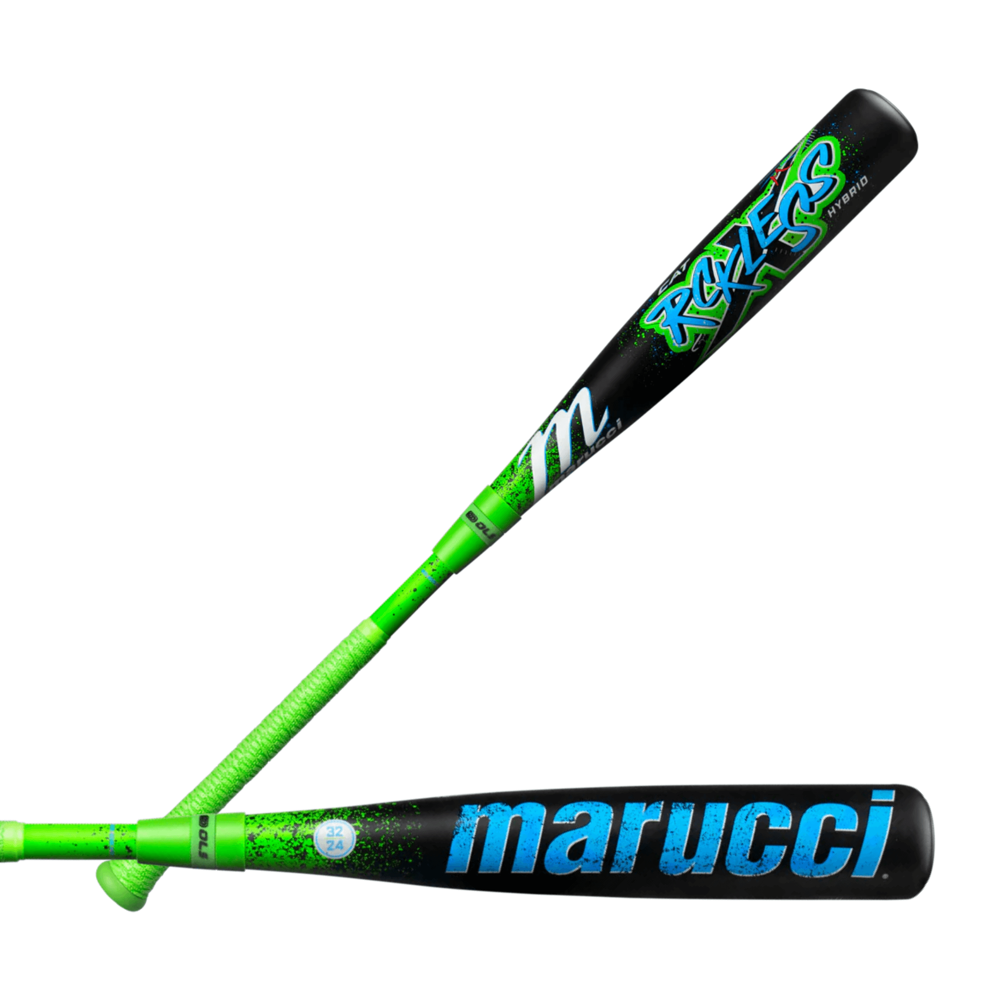 Marucci CAT X RCKLESS Hybrid (-8) USSSA Baseball Bat in vibrant green and black design for speed and power.