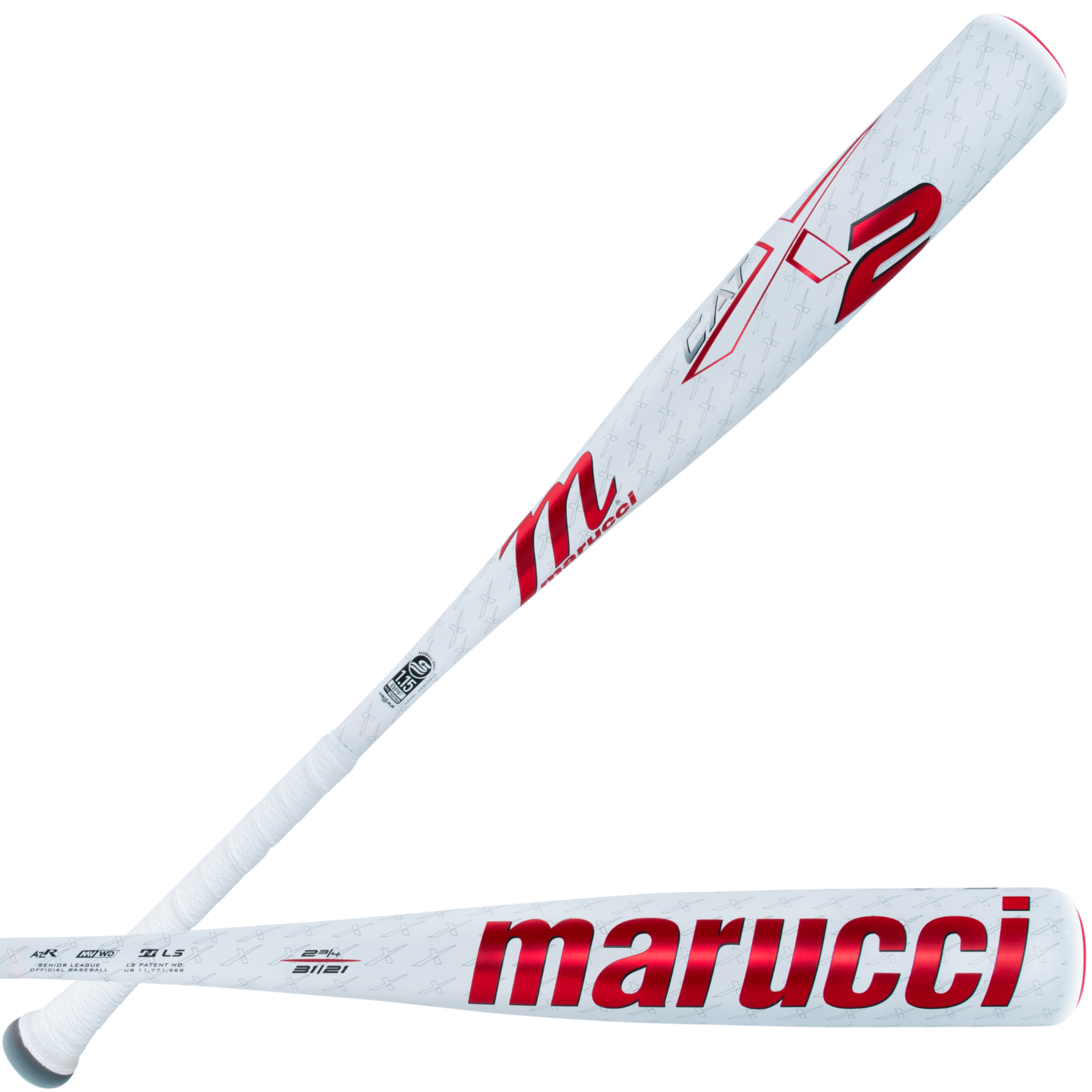 Marucci CATX2 Senior League baseball bat with red accents and white finish, designed for optimal performance and vibration control.