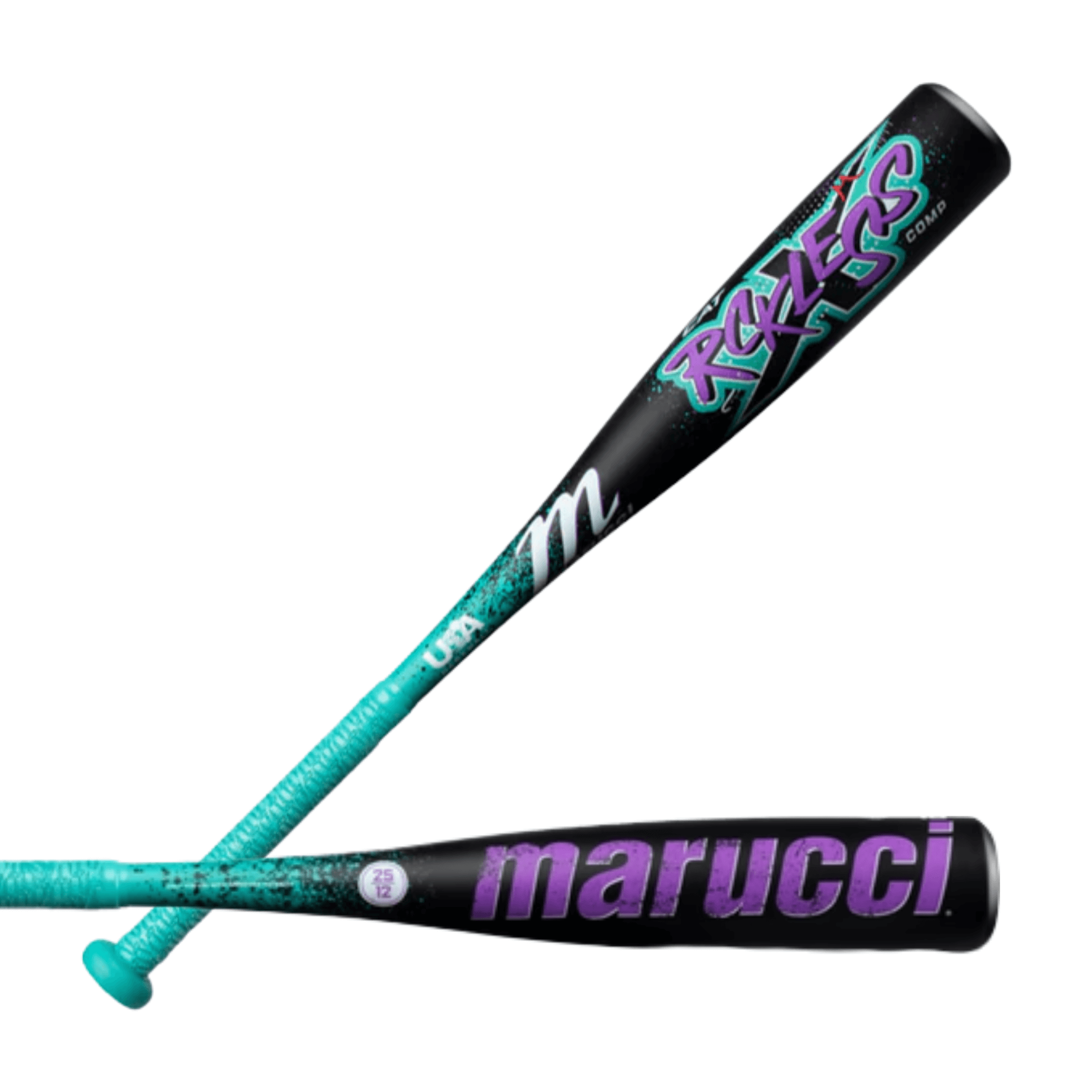 Marucci CAT X RCKLESS Comp (-11) Tee Ball Baseball Bat in black and teal colors, designed for young sluggers.