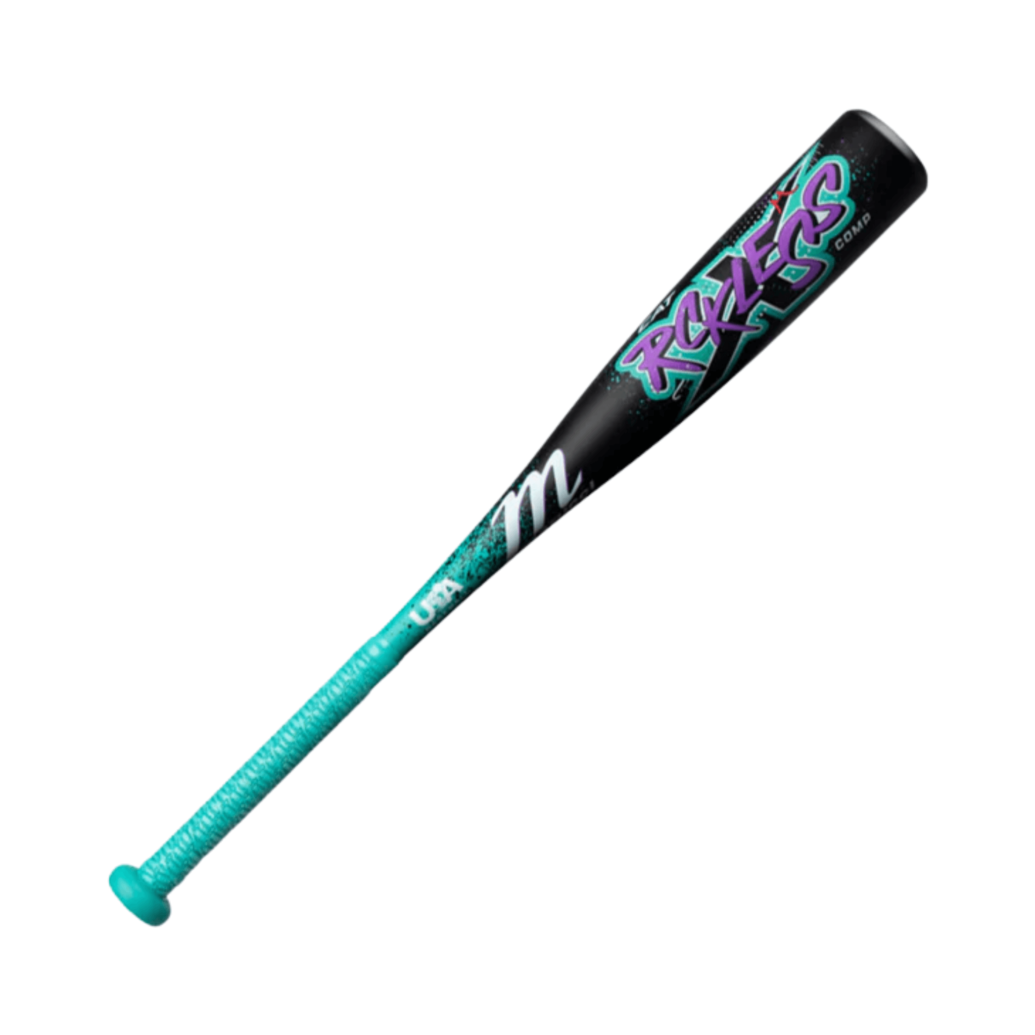 Marucci CAT X RCKLESS Comp (-11) Tee Ball Baseball Bat in black and teal color design for young players.
