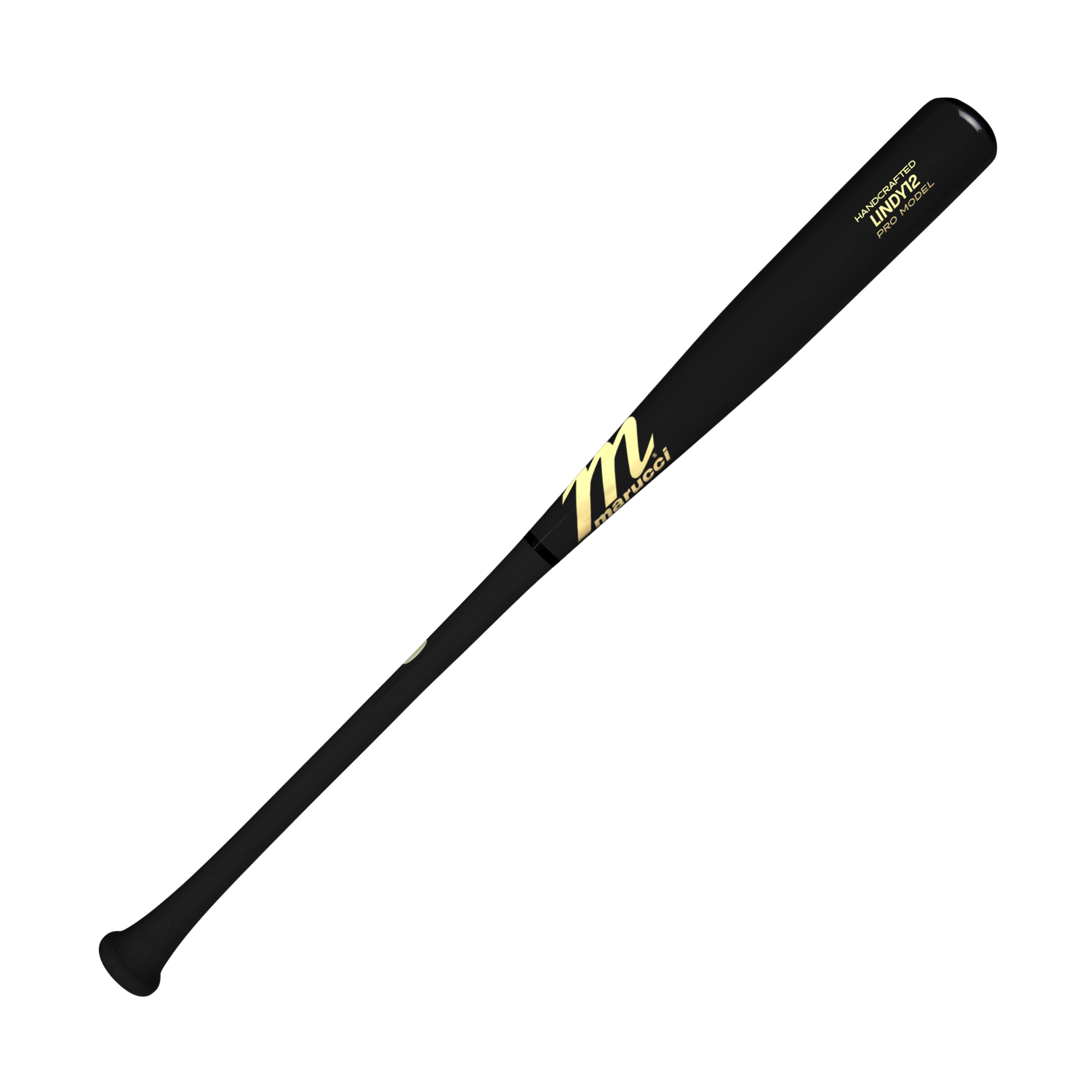 Marucci Lindy12 Pro Model wood bat in matte black with a slightly flared knob and thin handle
