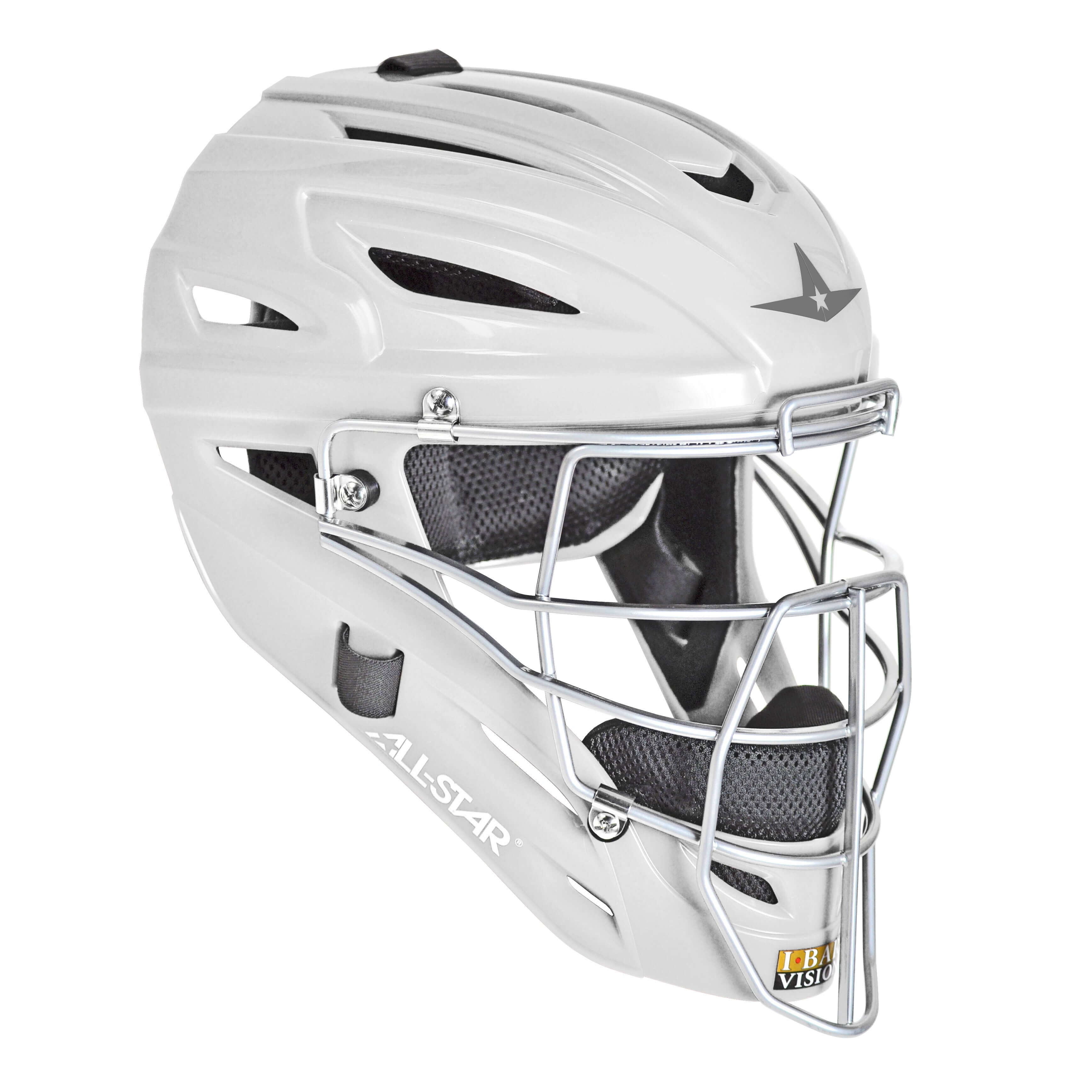 All-Star AFx Fastpitch helmet in white with black mesh liner and faceguard, offering professional protection and visibility.