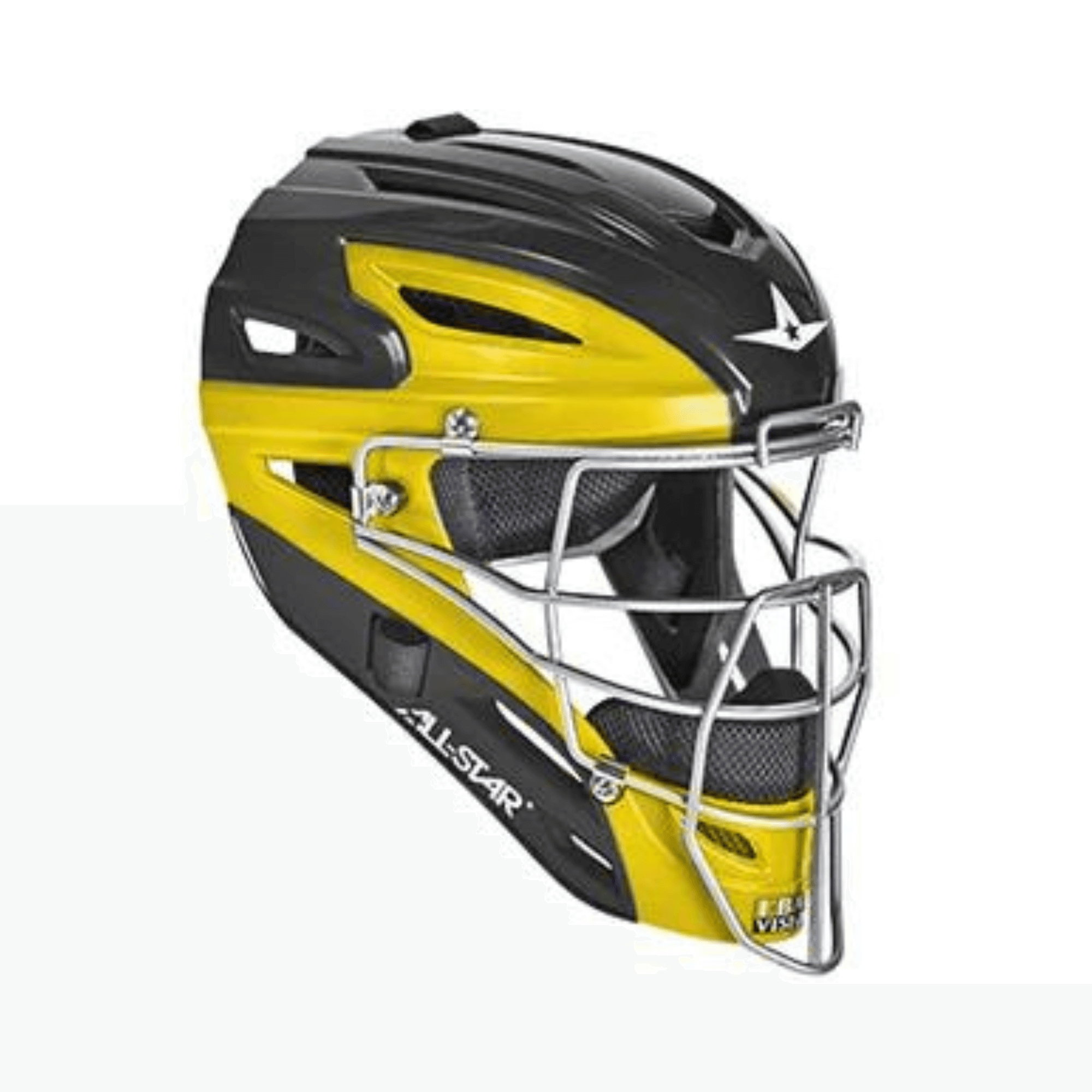 All-Star S7 Helmet in two-tone black and yellow, designed for youth to college level play with removable mesh liner.