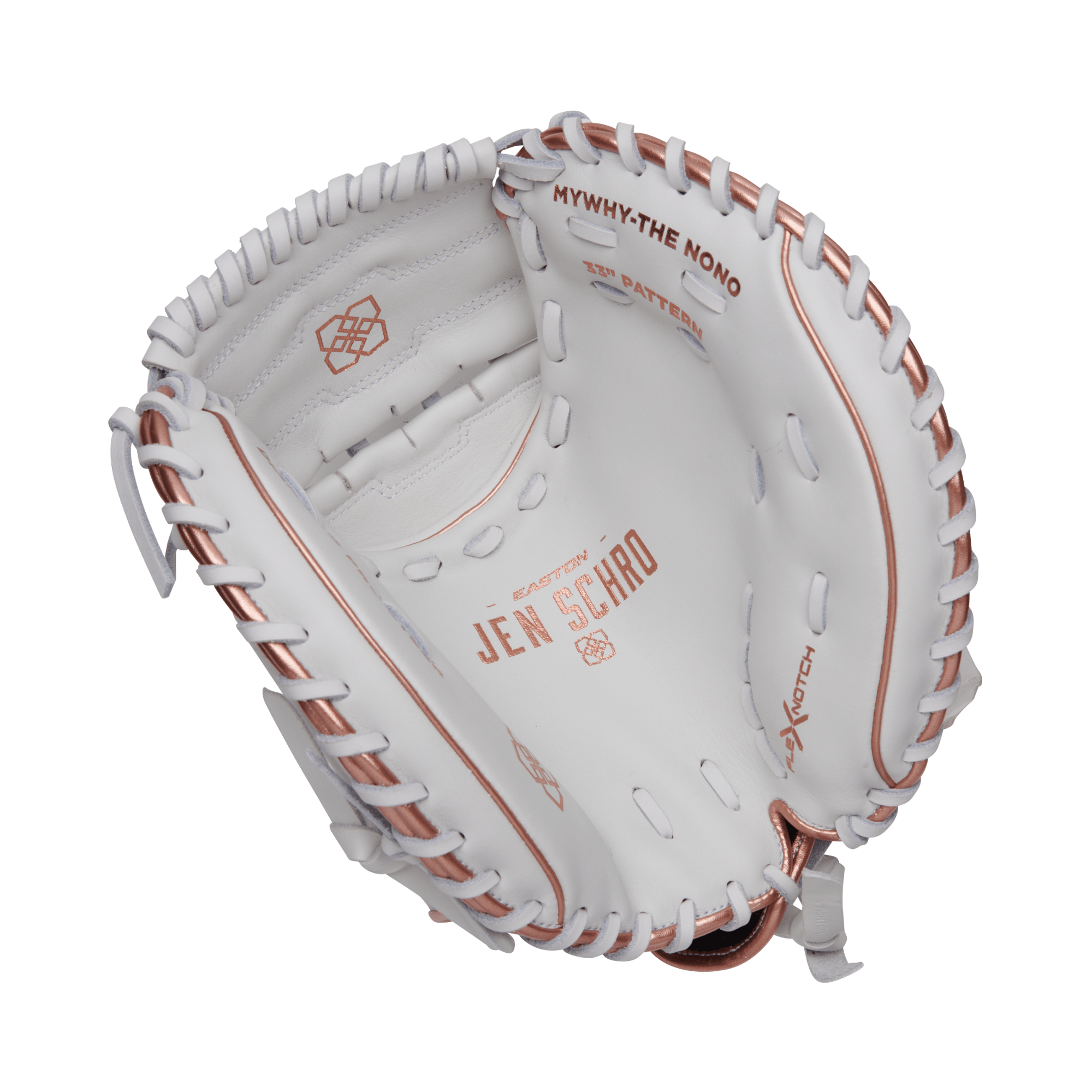Easton Jen Schro MYWHY FP 33" Catchers Mitt LHT palm view, white with rose gold lacing, visible logo and web design details