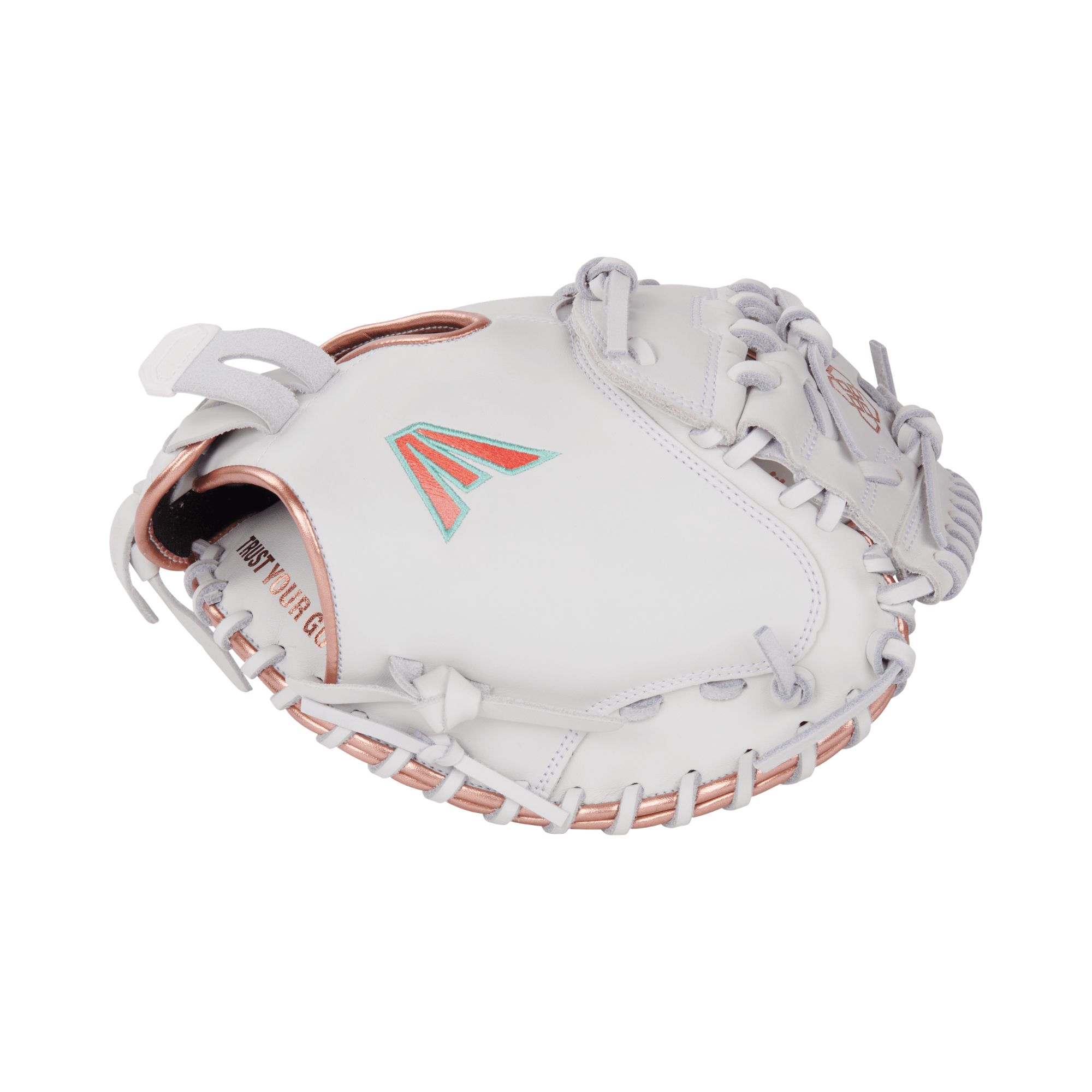 Easton Jen Schro MYWHY FP 33" Catchers Mitt LHT side view, white with metallic accents and lacing detail