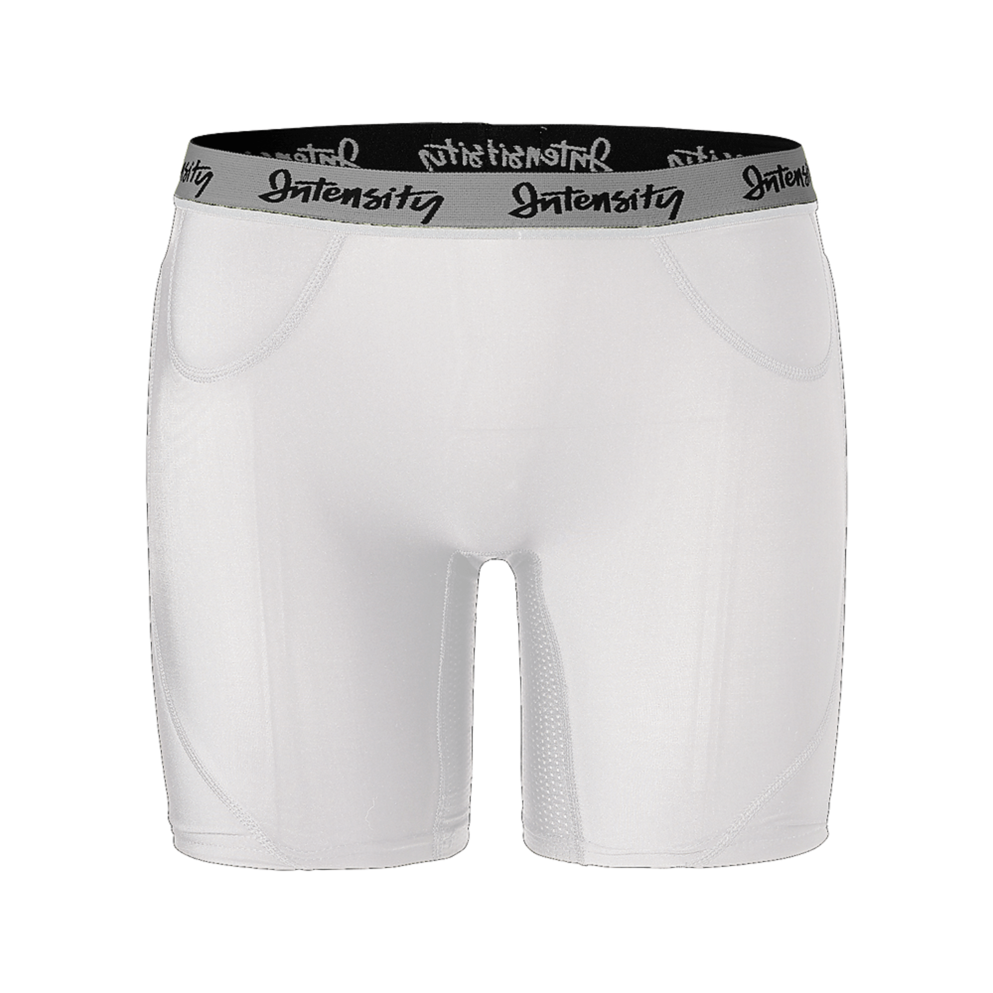 Intensity Women's Hook Slide Compression Shorts in white with a black waistband, designed for comfort and mobility.