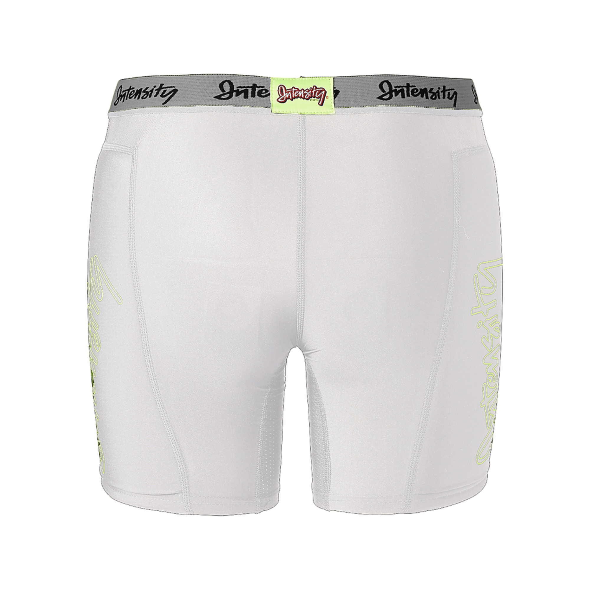 Back view of Intensity Women's Hook Slide Compression Shorts in white, featuring a comfortable fit and flat lock stitching.