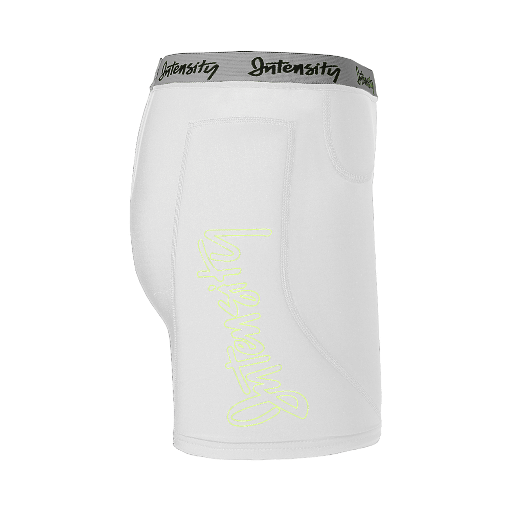 Intensity women's white hook slide compression shorts showcasing seamless design and flat lock stitching for comfort and mobility.