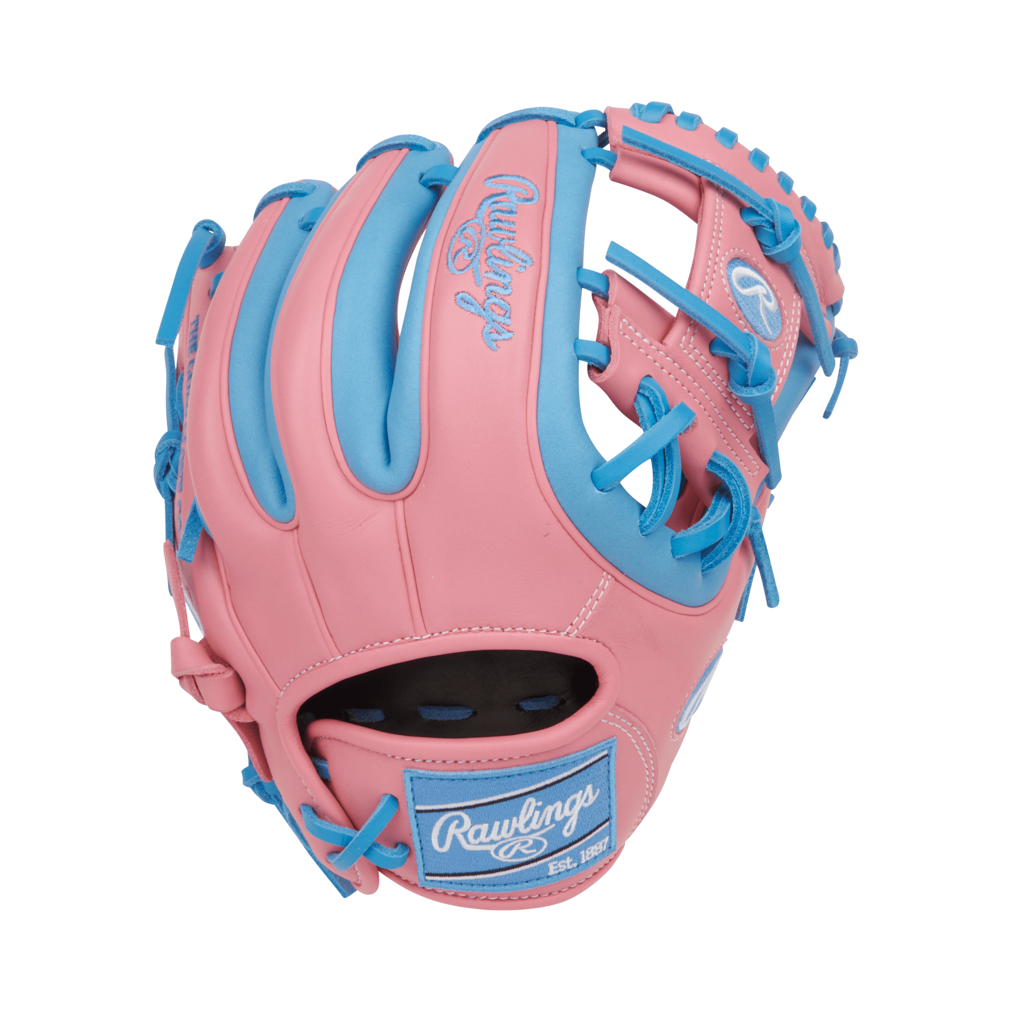 Back view of Rawlings NXT 11.5" Pink/Columbia Blue youth infield glove showing Columbia Blue accents and narrow wrist opening