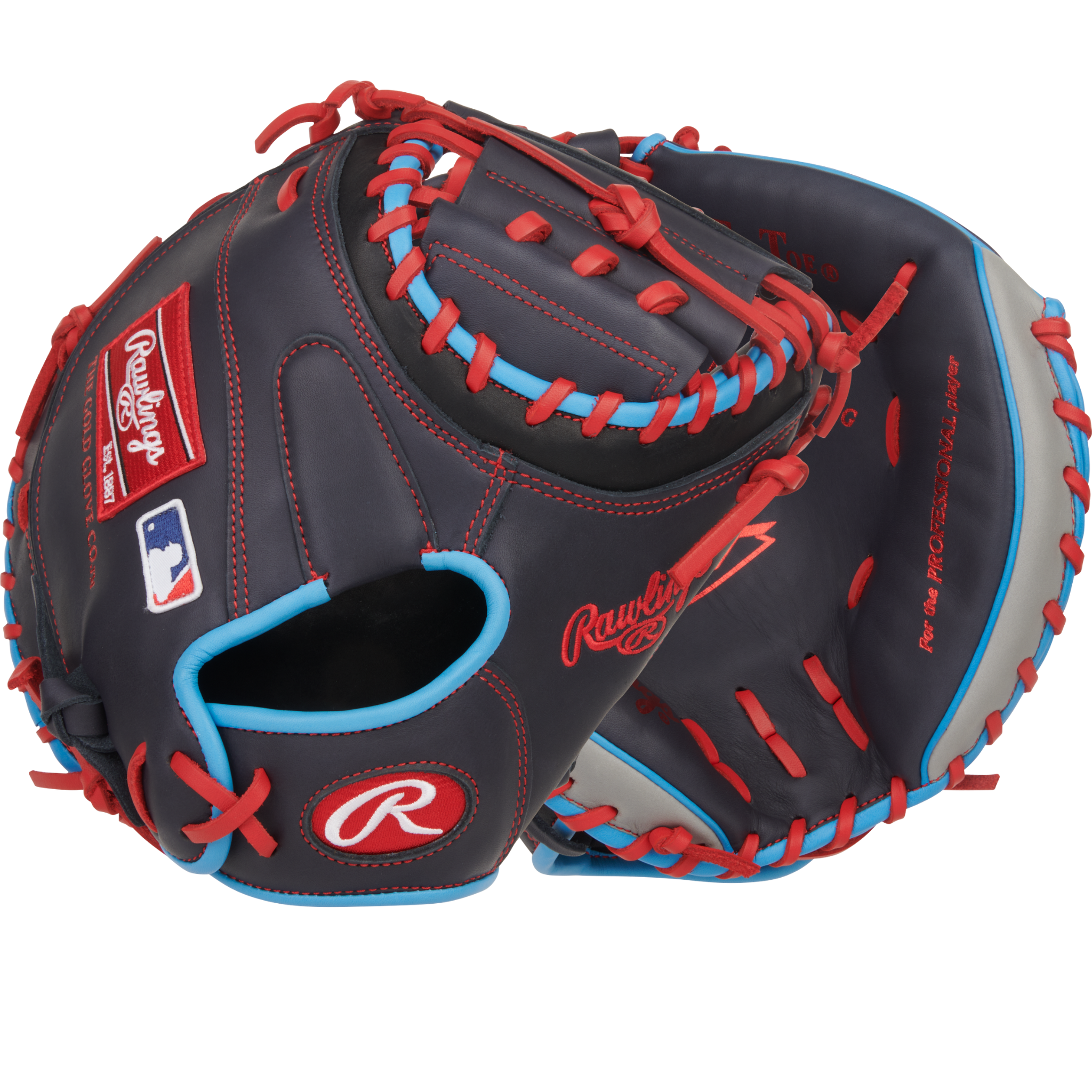 Rawlings NXT Catcher's Mitt - Back and Palm View, Navy/Gray, 32.5", Conventional Back, ContoUR Fit, RHT, Pro Pattern.