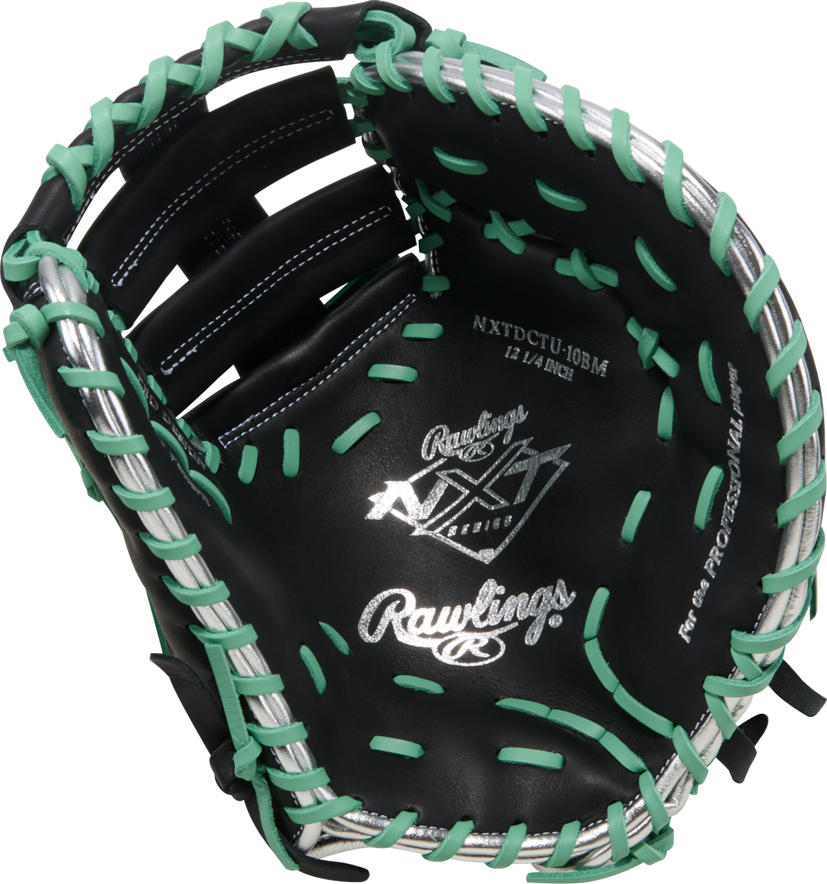 Rawlings NXTDCTU-10BM First Base Mitt palm view showing the secure pocket and Single Post Double Bar Web