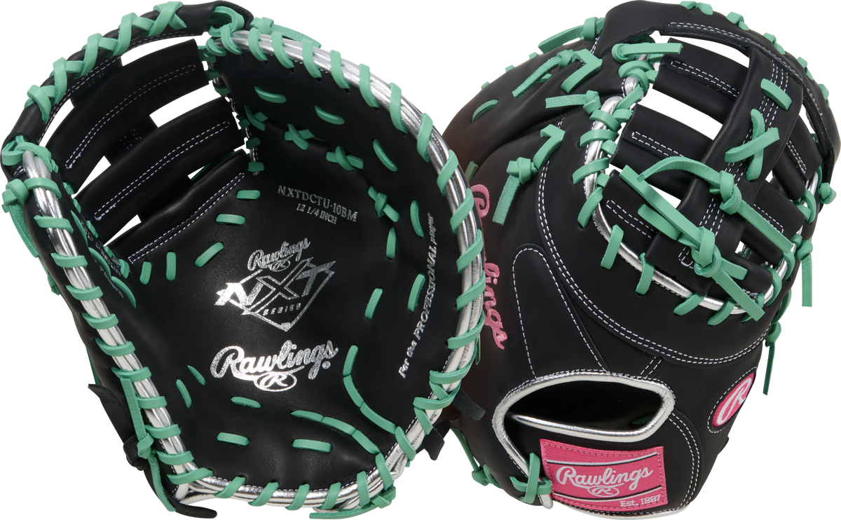 Rawlings NXTDCTU-10BM First Base Mitt combination front/back view showing the double-bar web and conventional back