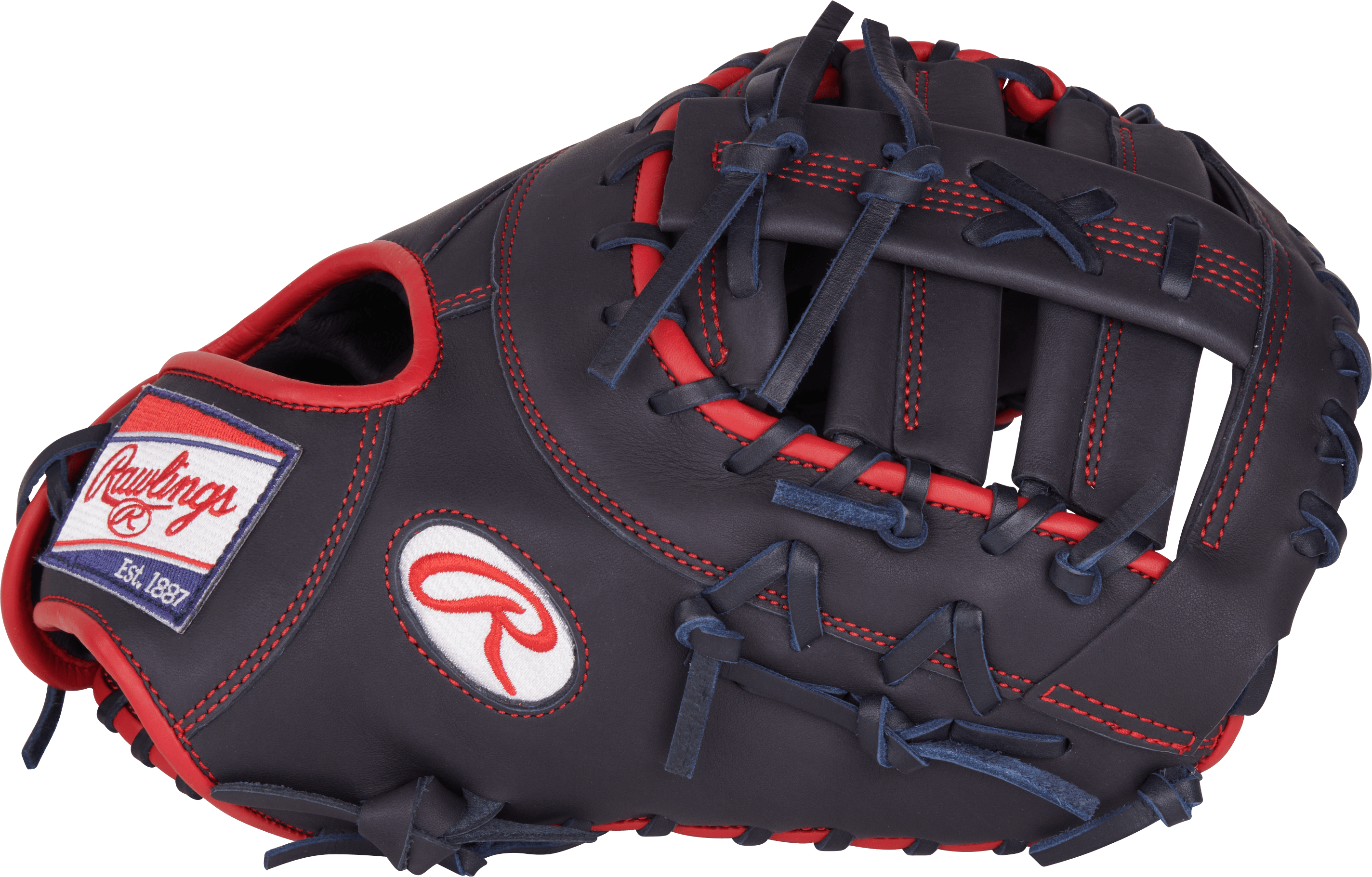 Rawlings NXT Series First Base Mitt 12.25-Inch Baseball Glove RHT, backhand view, navy blue with red lacing, featuring H-web design.