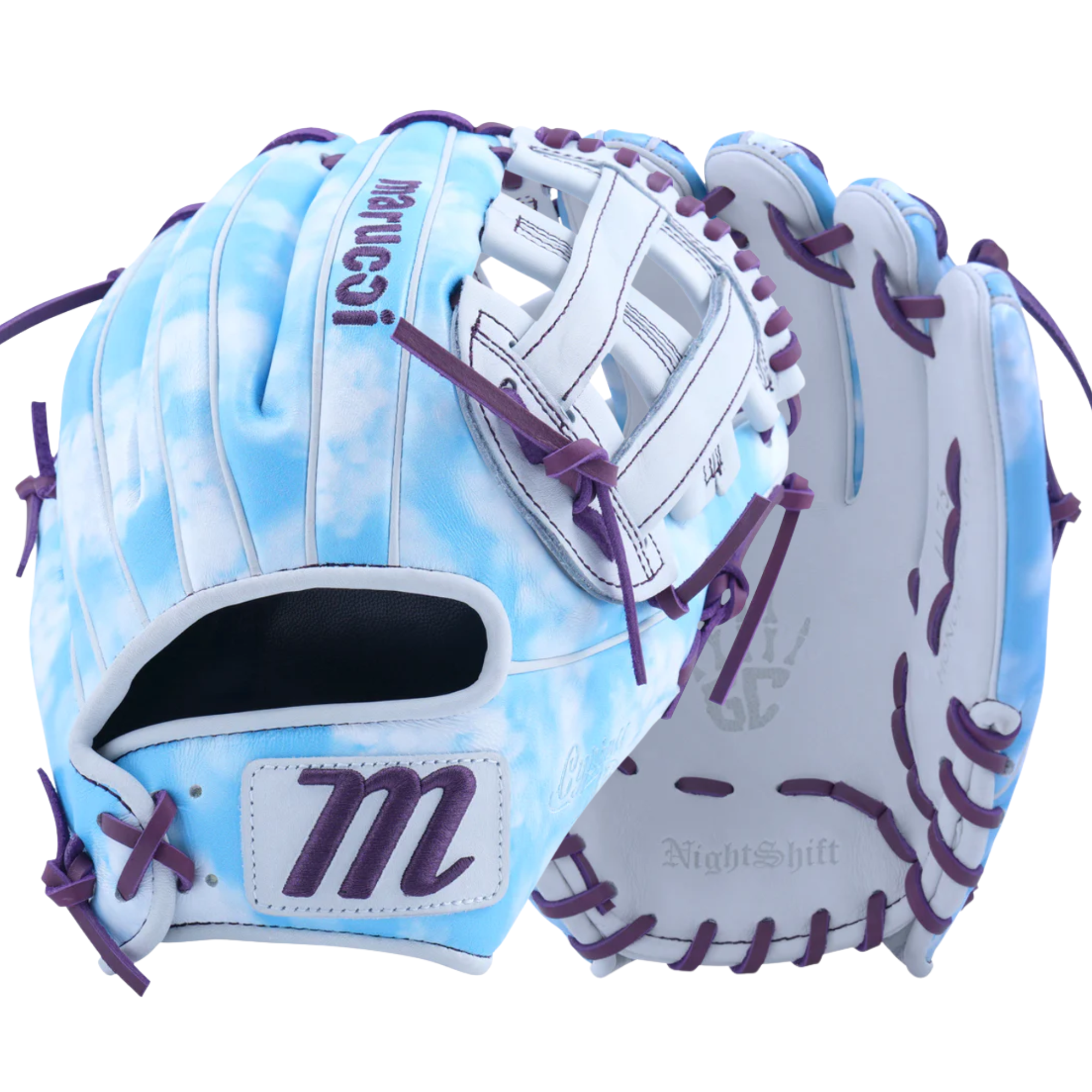 Marucci Nightshift Cloudy 11.75" H-Web glove front and back view with sky-inspired shell and purple laces.