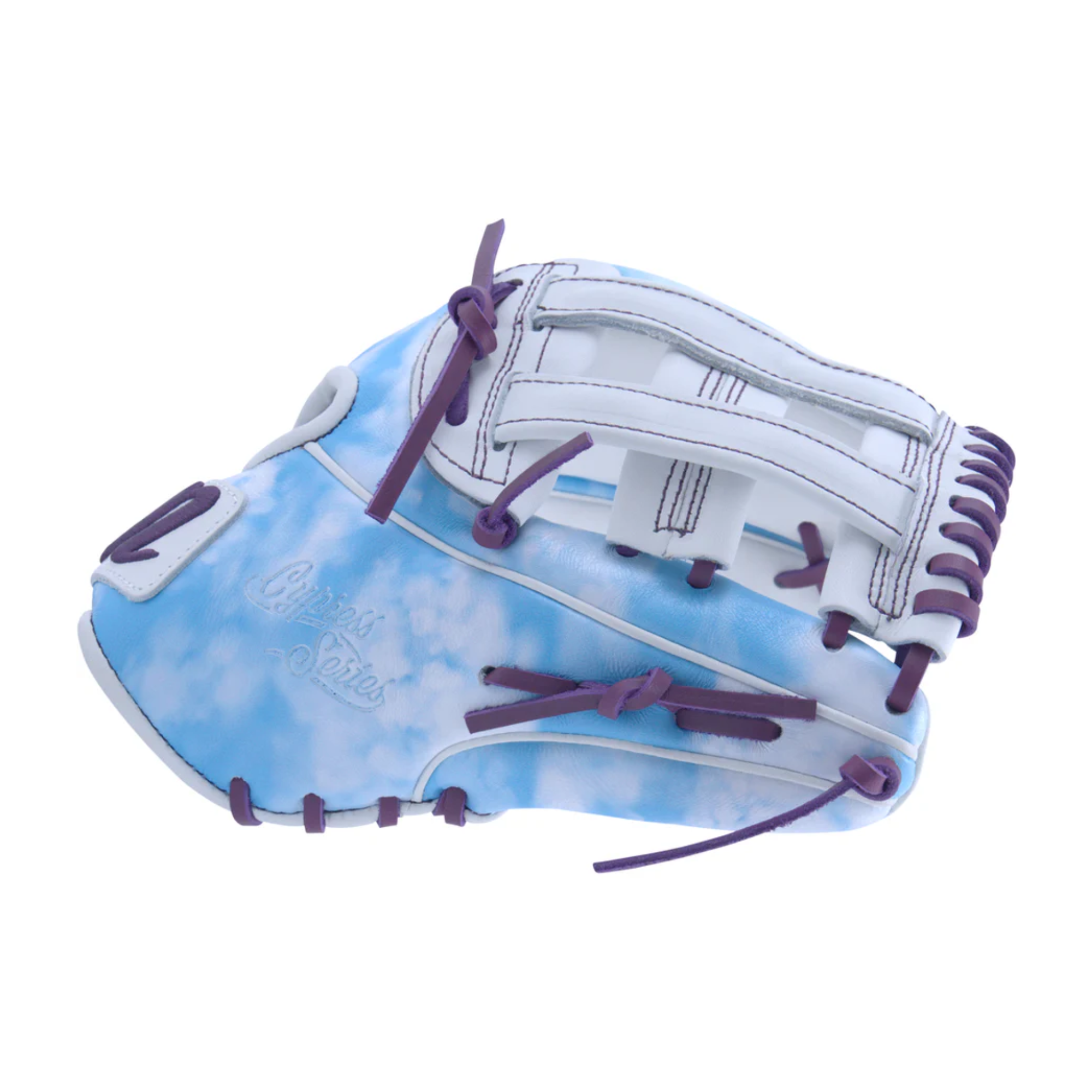 Marucci Nightshift Cloudy 11.75" H-Web glove finger detail highlighting deep purple laces.