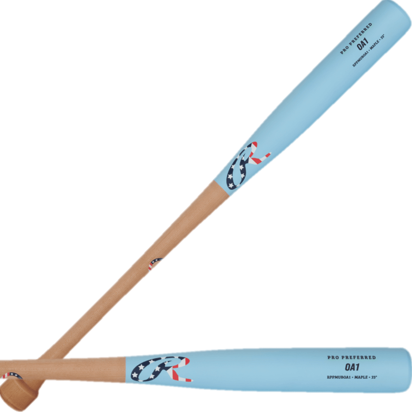 Rawlings Pro Preferred OA1 maple wood bat in tan and color blue, featuring a large sweet spot and puck knob for precision handling.