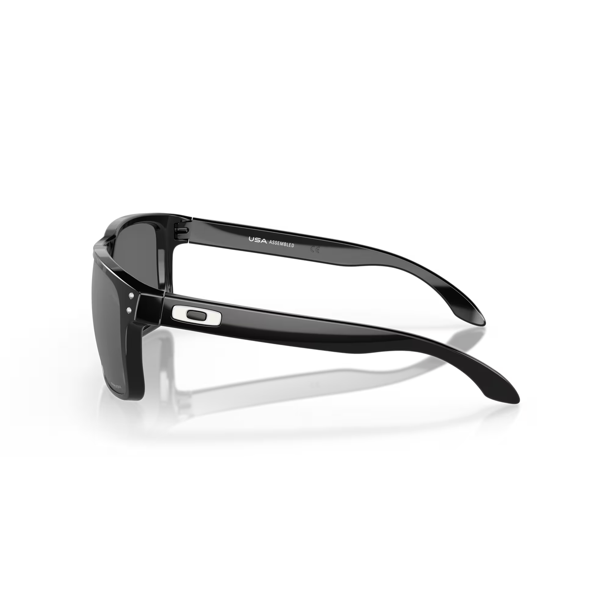 Oakley Holbrook XL Prizm Black Sunglasses with polished black frame, side view showing metal rivets and brand logo.