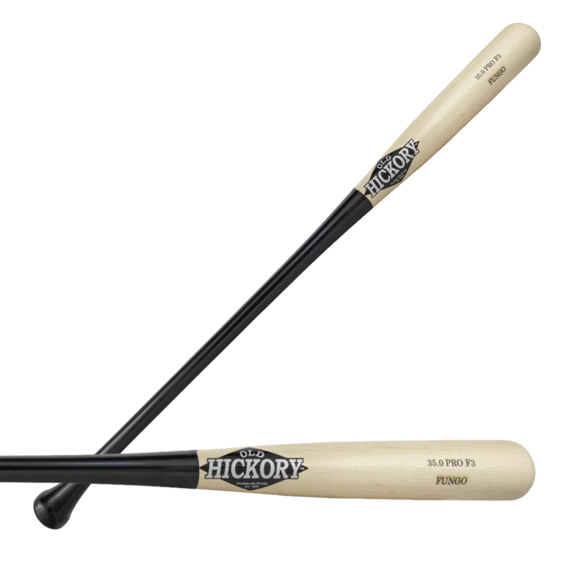Old Hickory F3 34 Fungo Maple bat with flared knob and sleek black finish, ideal for training and practice.