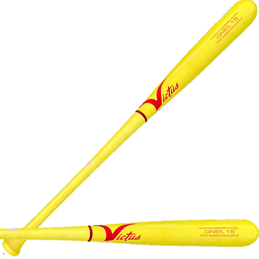 Victus ONEIL15 Dealer's Choice Pro Reserve bat in vibrant yellow, featuring medium barrel and slightly flared knob, perfect for hitters.