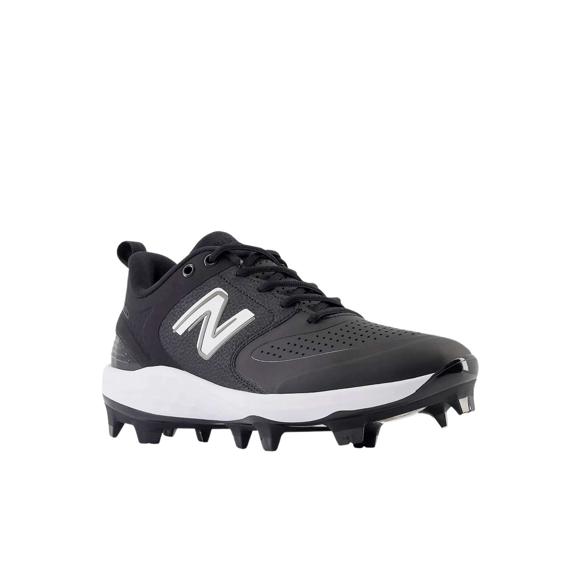 New Balance Fresh Foam 3000 v6 Black molded synthetic baseball cleat with perforated upper for durability and comfort.