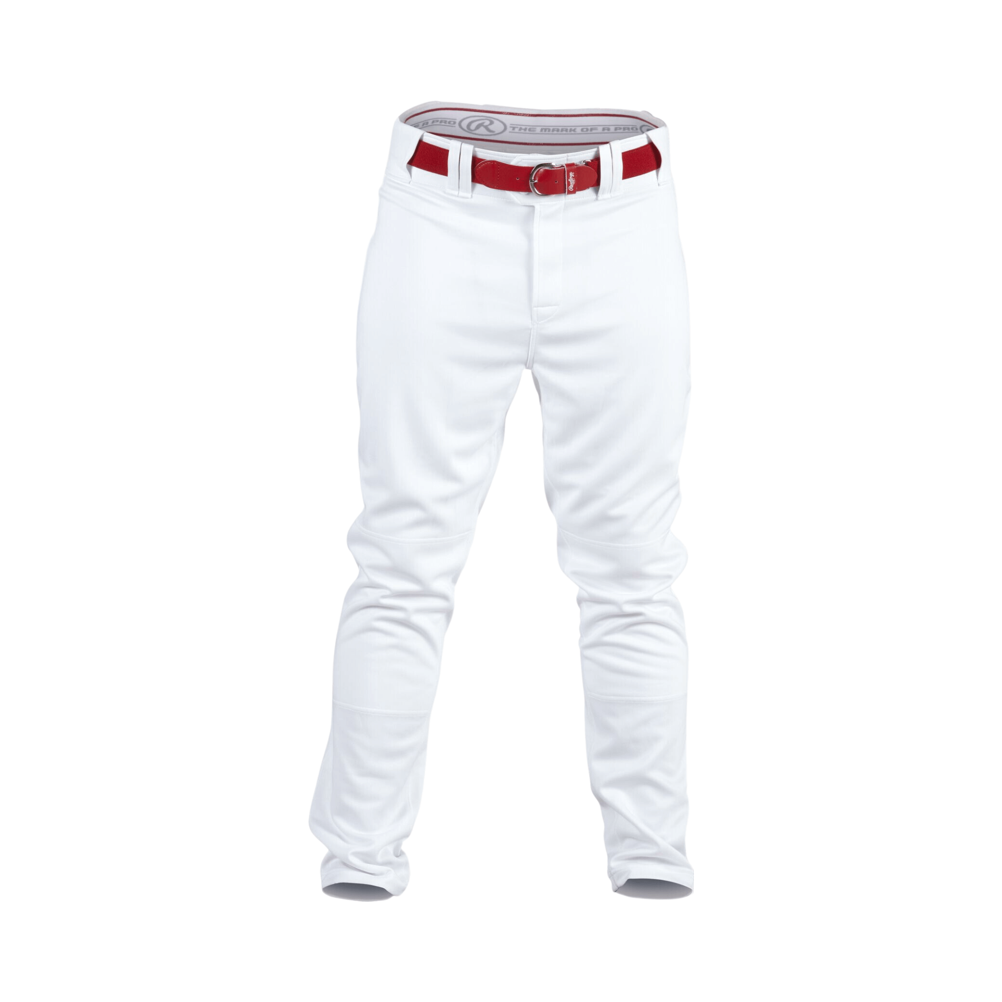 Rawlings Adult PRO150 semi-relaxed fit white pant with red belt, featuring gripper elastic waistband and flat-lock stitching.