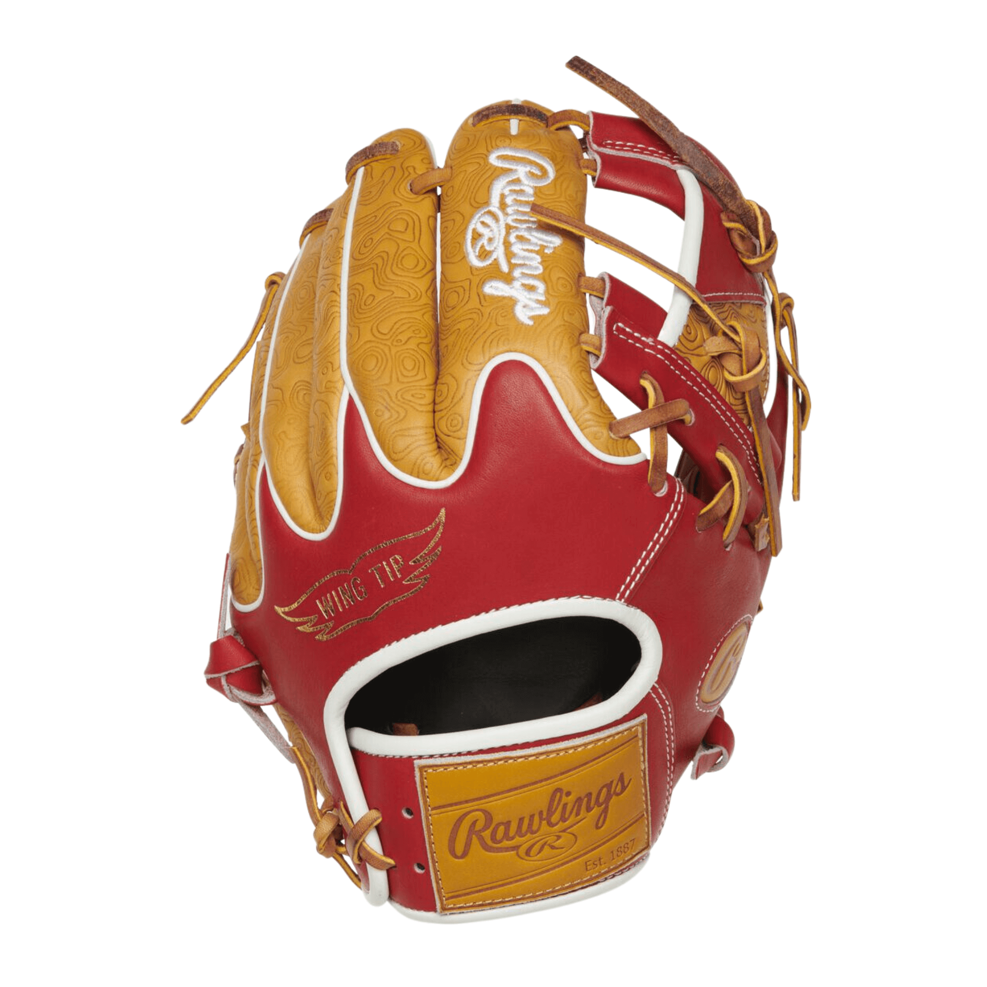 Rawlings ColorSync 7.0 11.5 infield glove with geoprint leather and cherry-red Wing-Tip design.