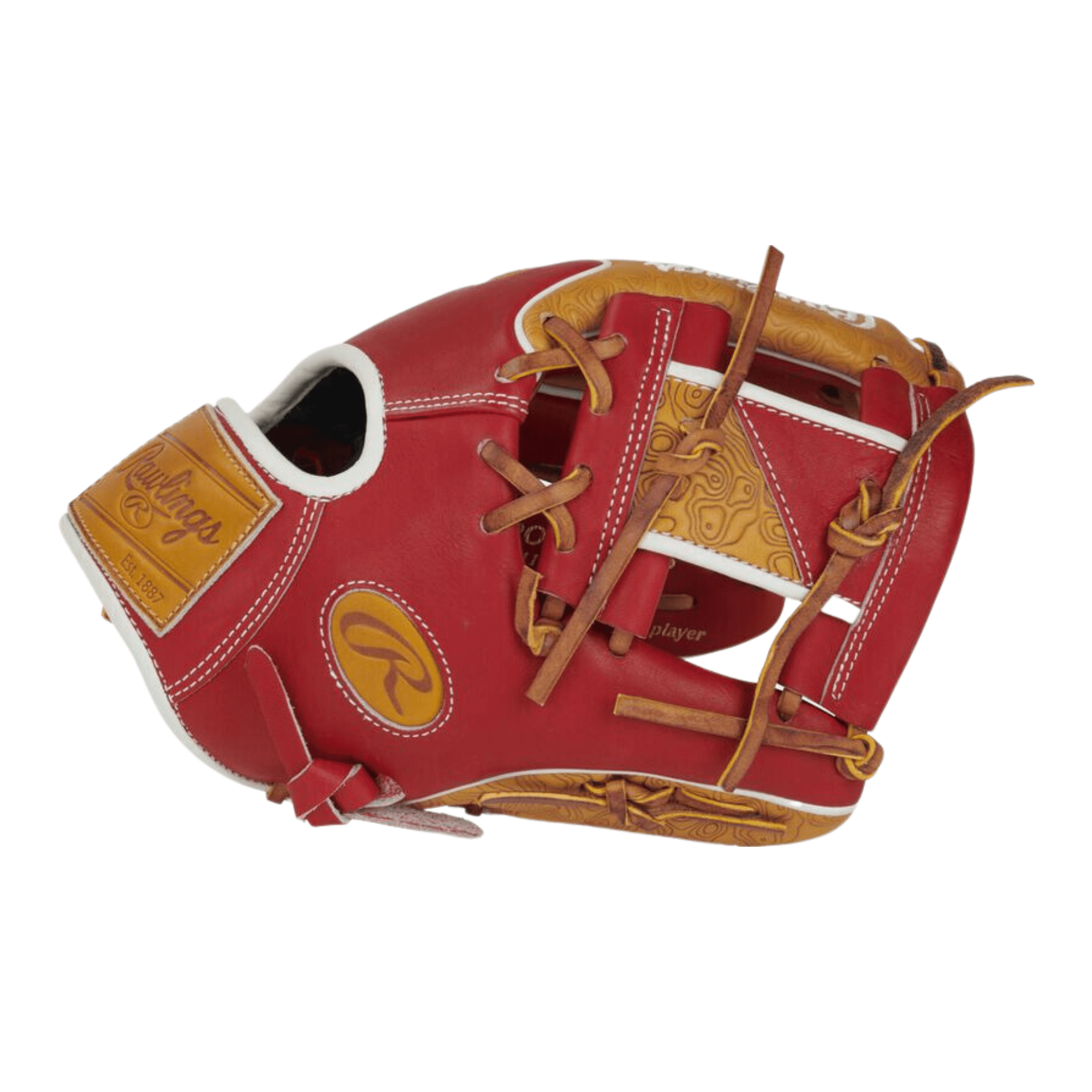 Rawlings ColorSync 7.0 11.5 infield glove with geoprint leather and cherry-red Wing-Tip design.