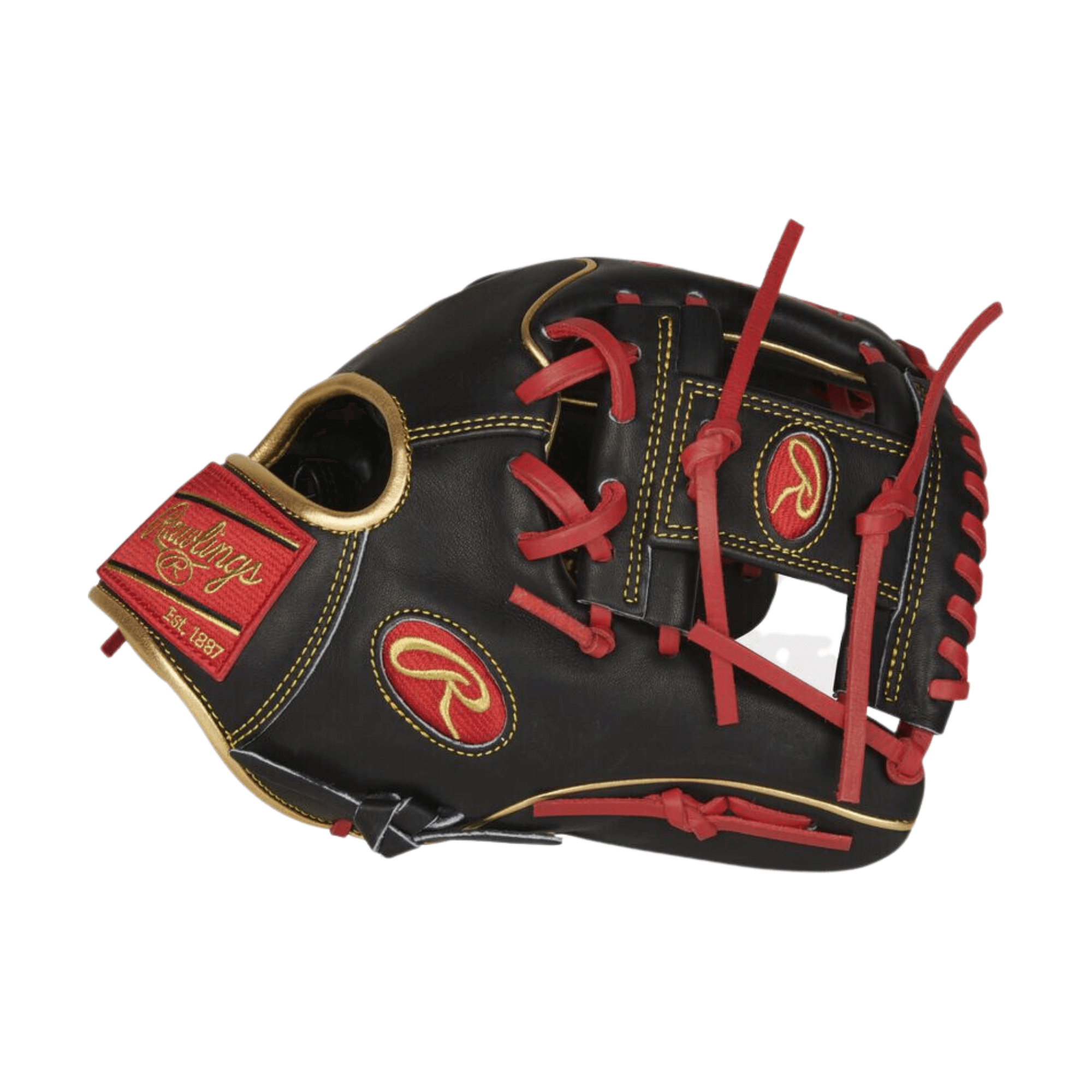 Rawlings Heart of the Hide 11.75" infield glove featuring a Pro I-web design and a stylish black and red color scheme.