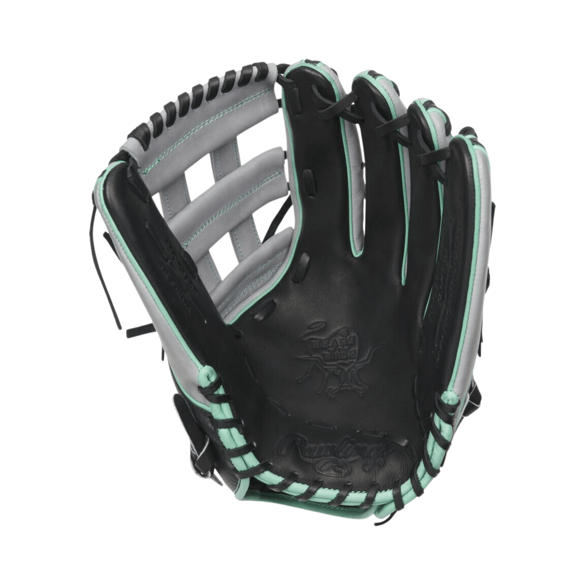 Rawlings Heart of the Hide Hyper Shell 12.75" baseball glove in black and mint, designed for right-hand throwers.