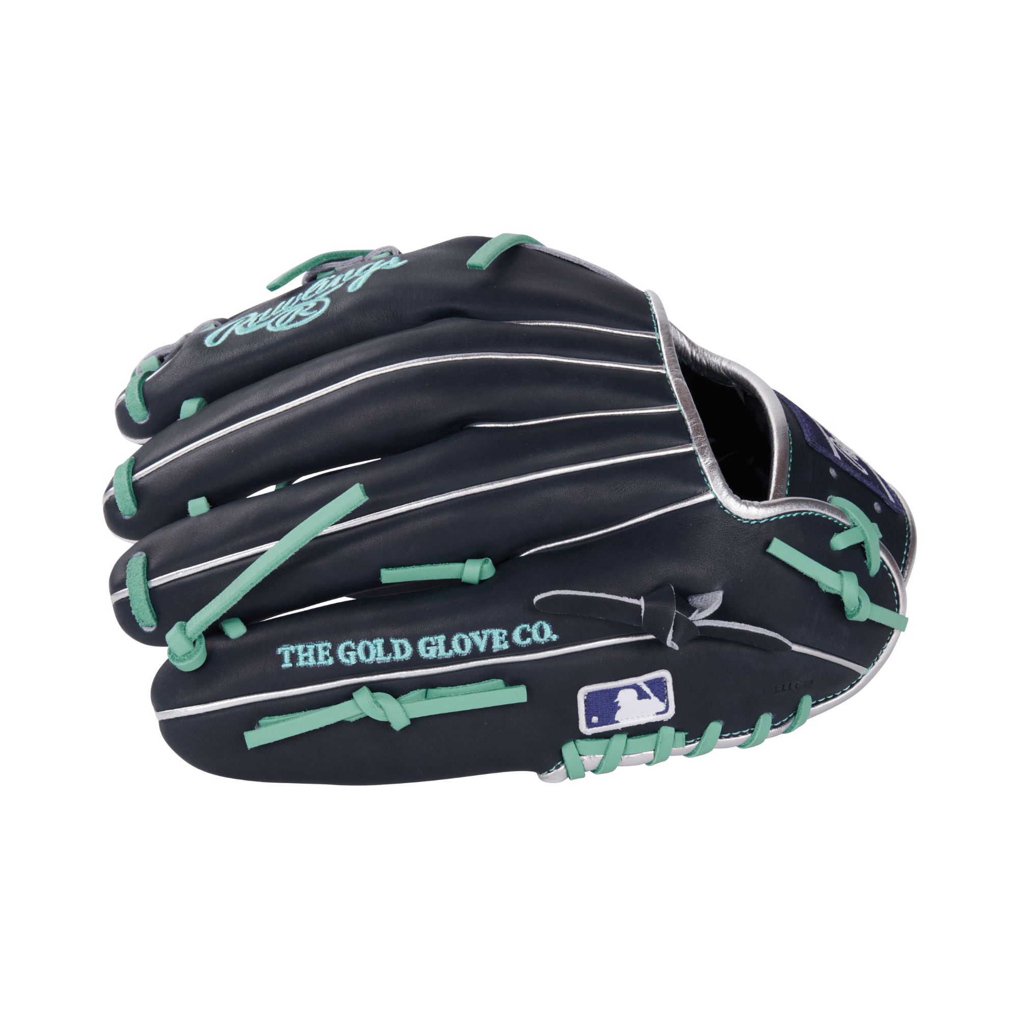 Rawlings July 2024 Gold Glove Club PRONP5-32NM baseball glove featuring ocean mint laces and navy leather.