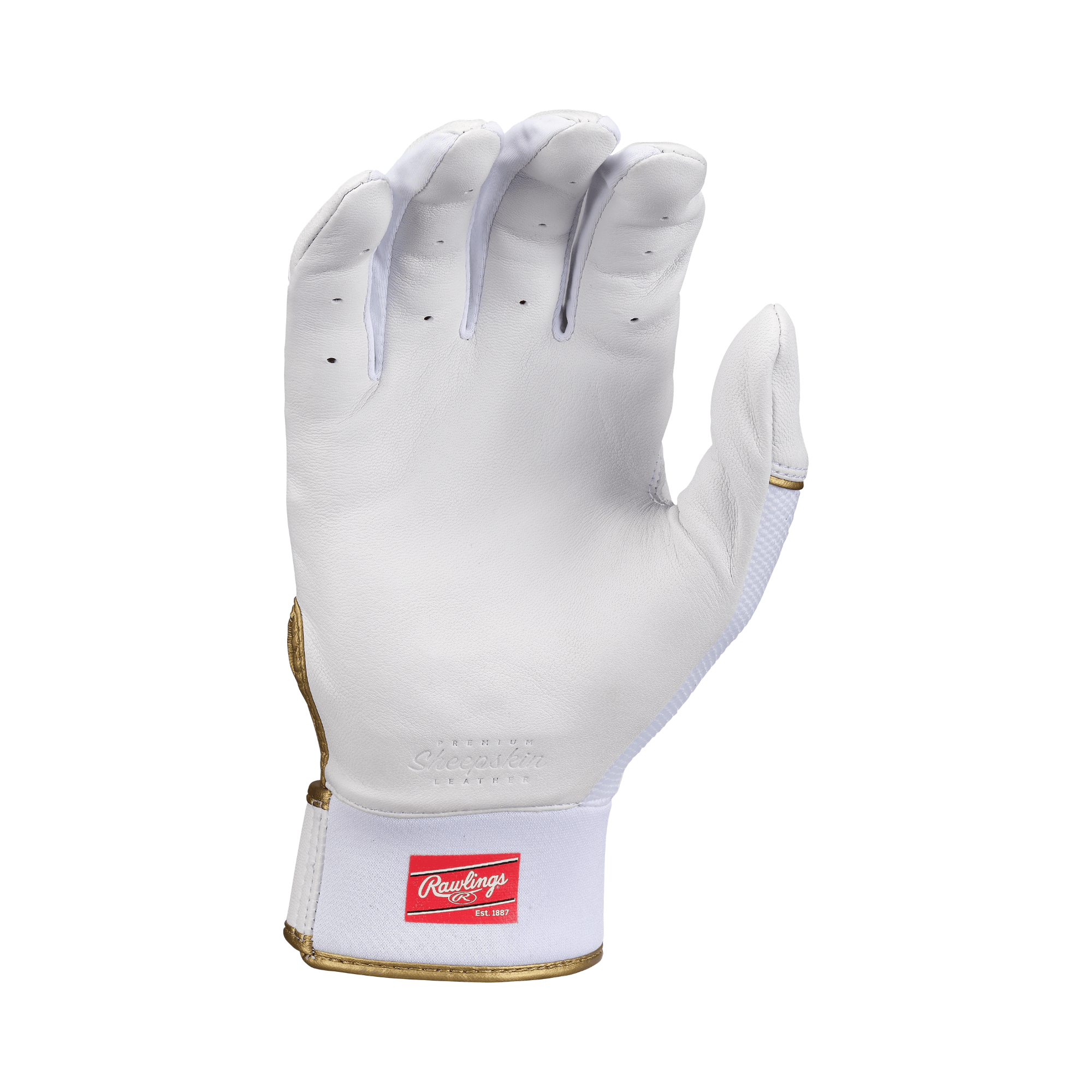 Rawlings Pro Preferred Batting Gloves in white, featuring smooth Cabretta leather and durable neoprene wrist cuff for comfort.
