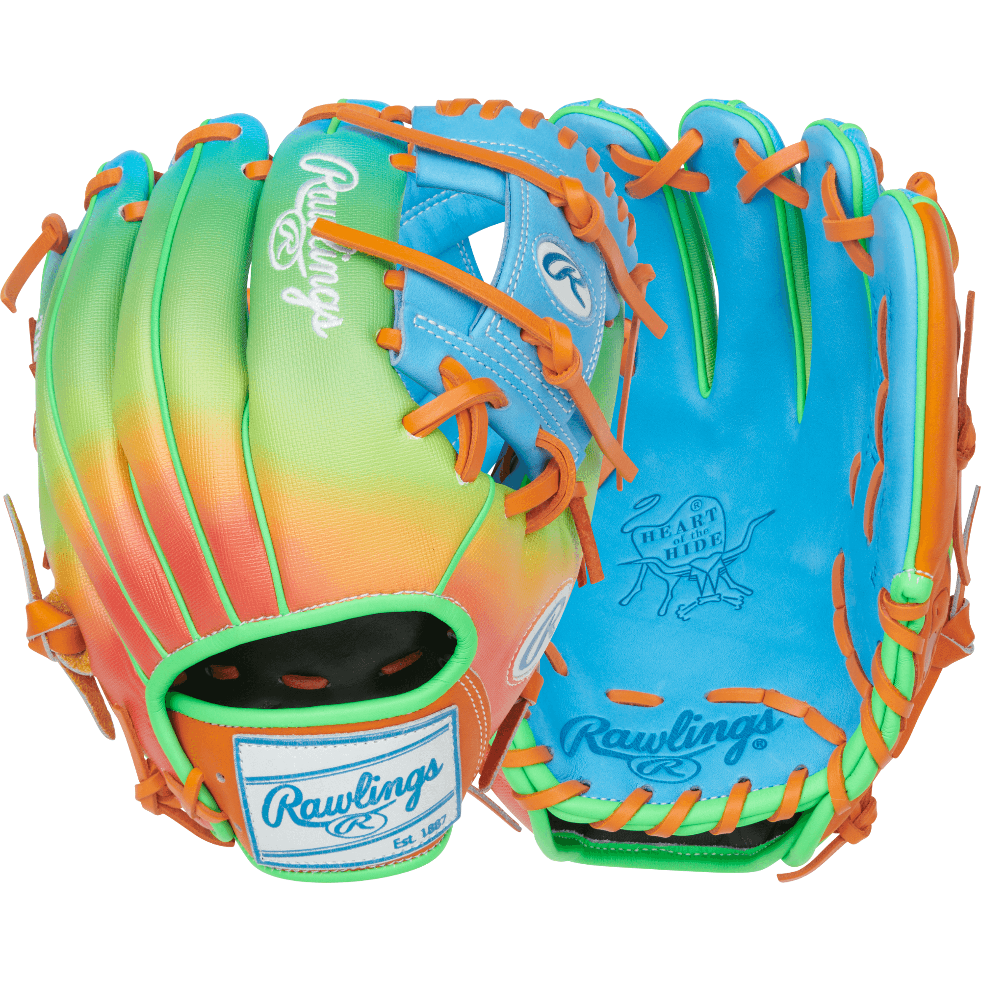 Vibrant Rawlings Fun Burst Edition Glove 11.5" - Columbia/Orange Green full view.