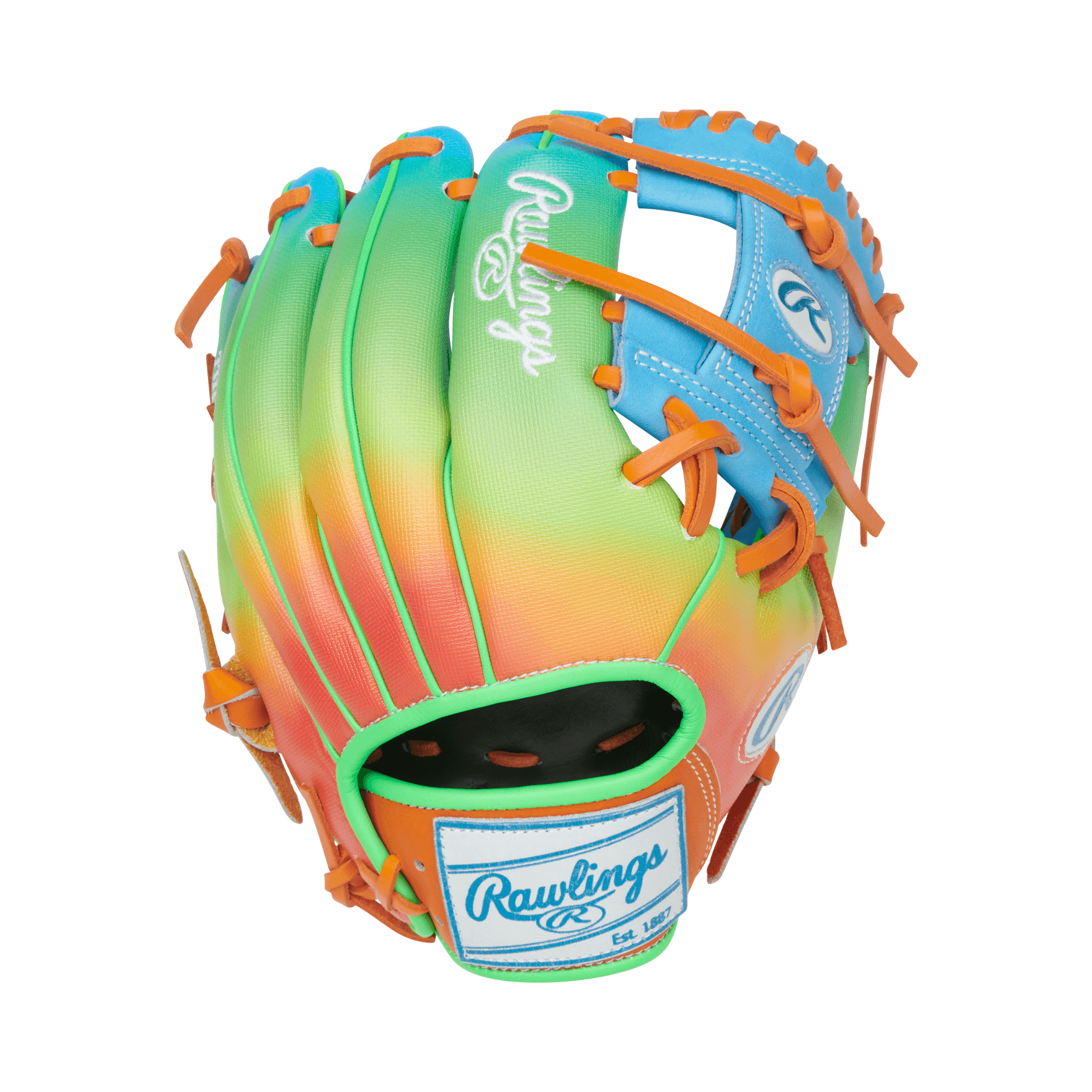 Closeup of Rawlings Fun Burst Glove palm with dynamic foil stamp.