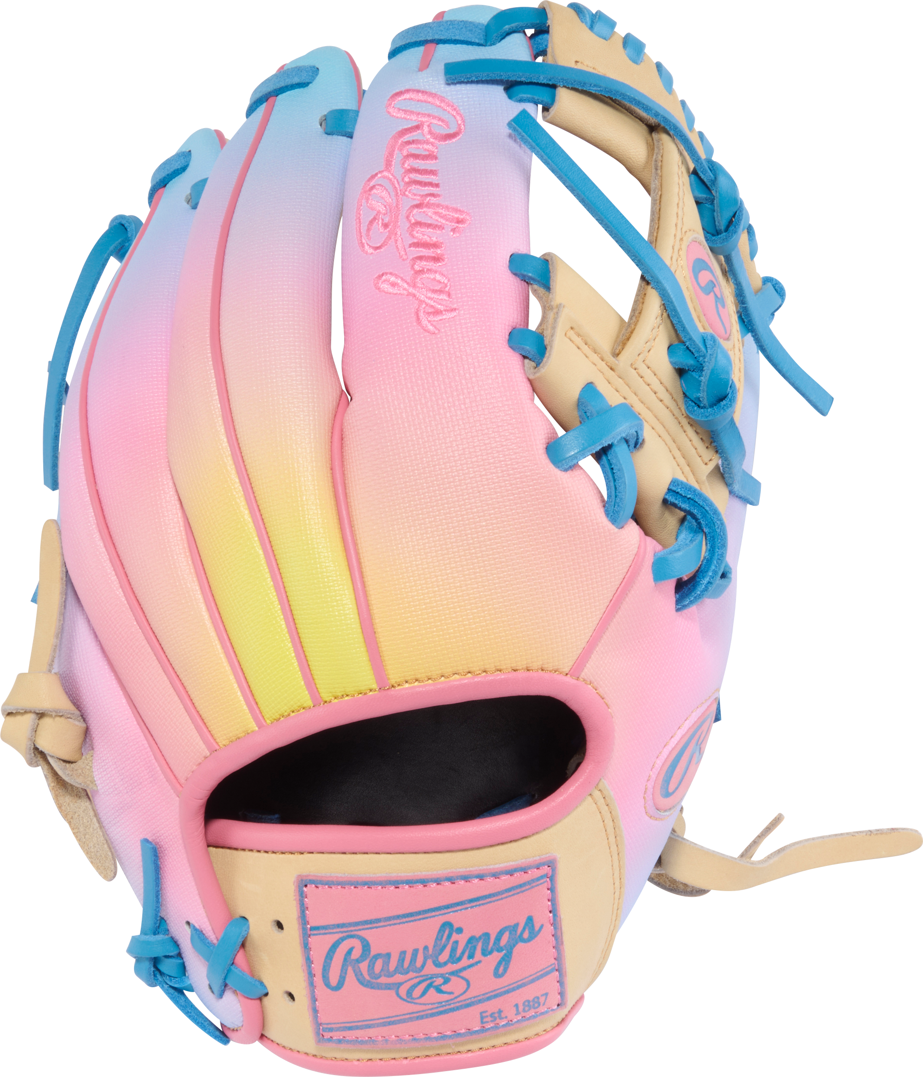 Rawlings HOH Funburst 2.0 11.5" Infield Baseball Glove Camel/Col. Blue/Pink, premium glove with bold design for infield players.