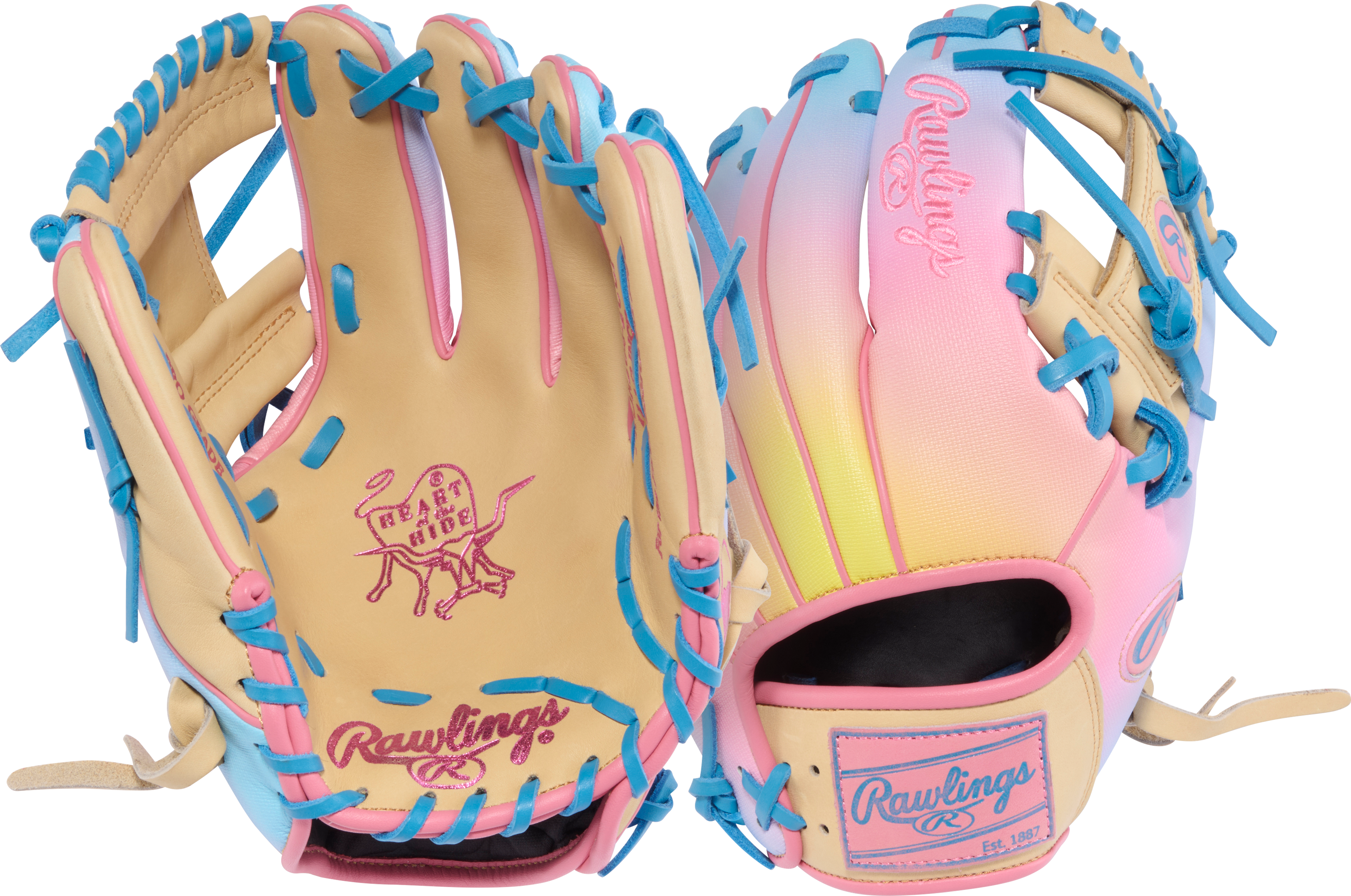 Rawlings HOH Funburst 2.0 11.5" Infield Baseball Glove Camel/Col. Blue/Pink with bold colors and premium Heart of the Hide leather.