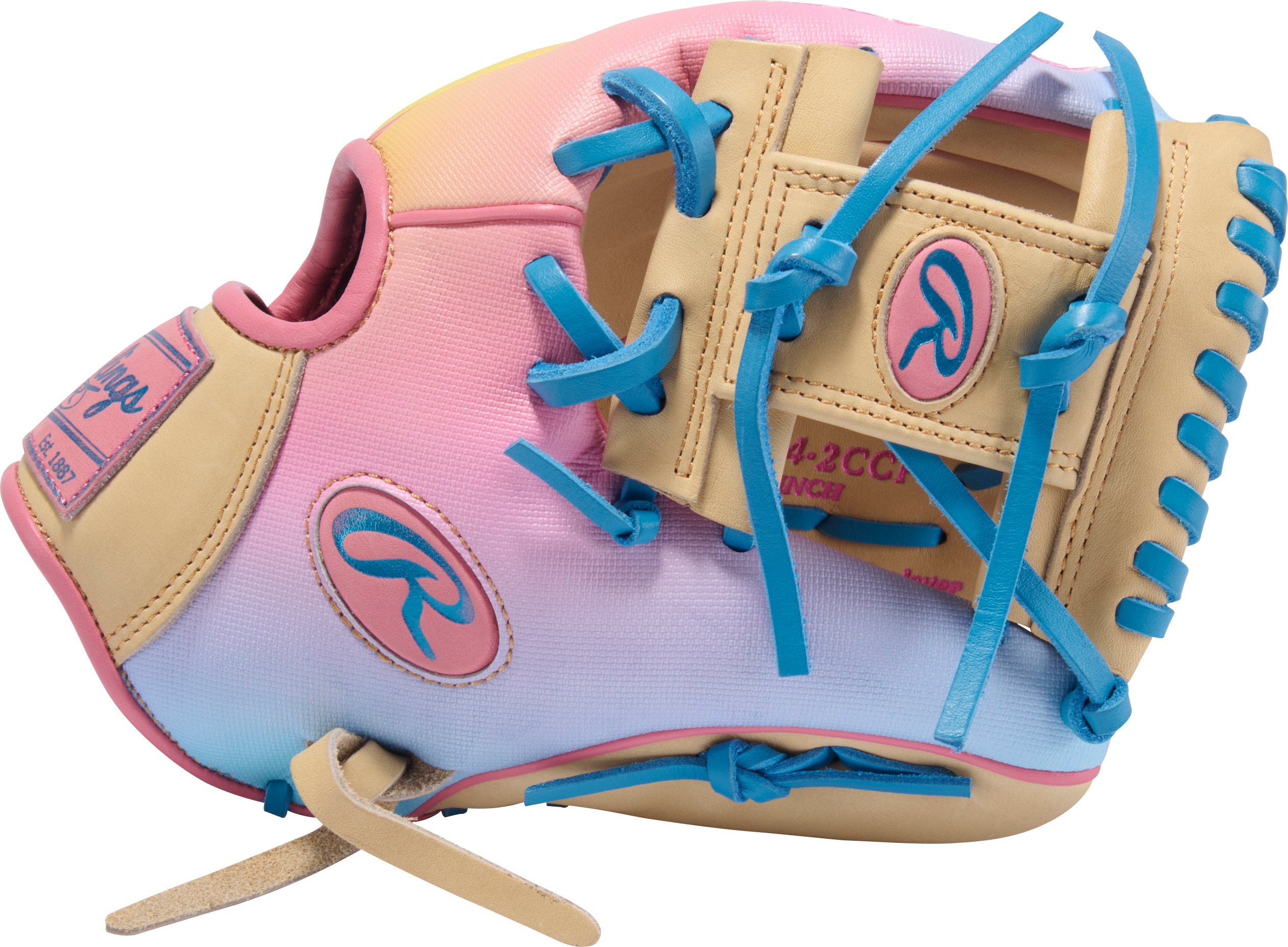 Rawlings HOH Funburst 2.0 11.5" Infield Baseball Glove Camel/Col. Blue/Pink with eye-catching design for infield play