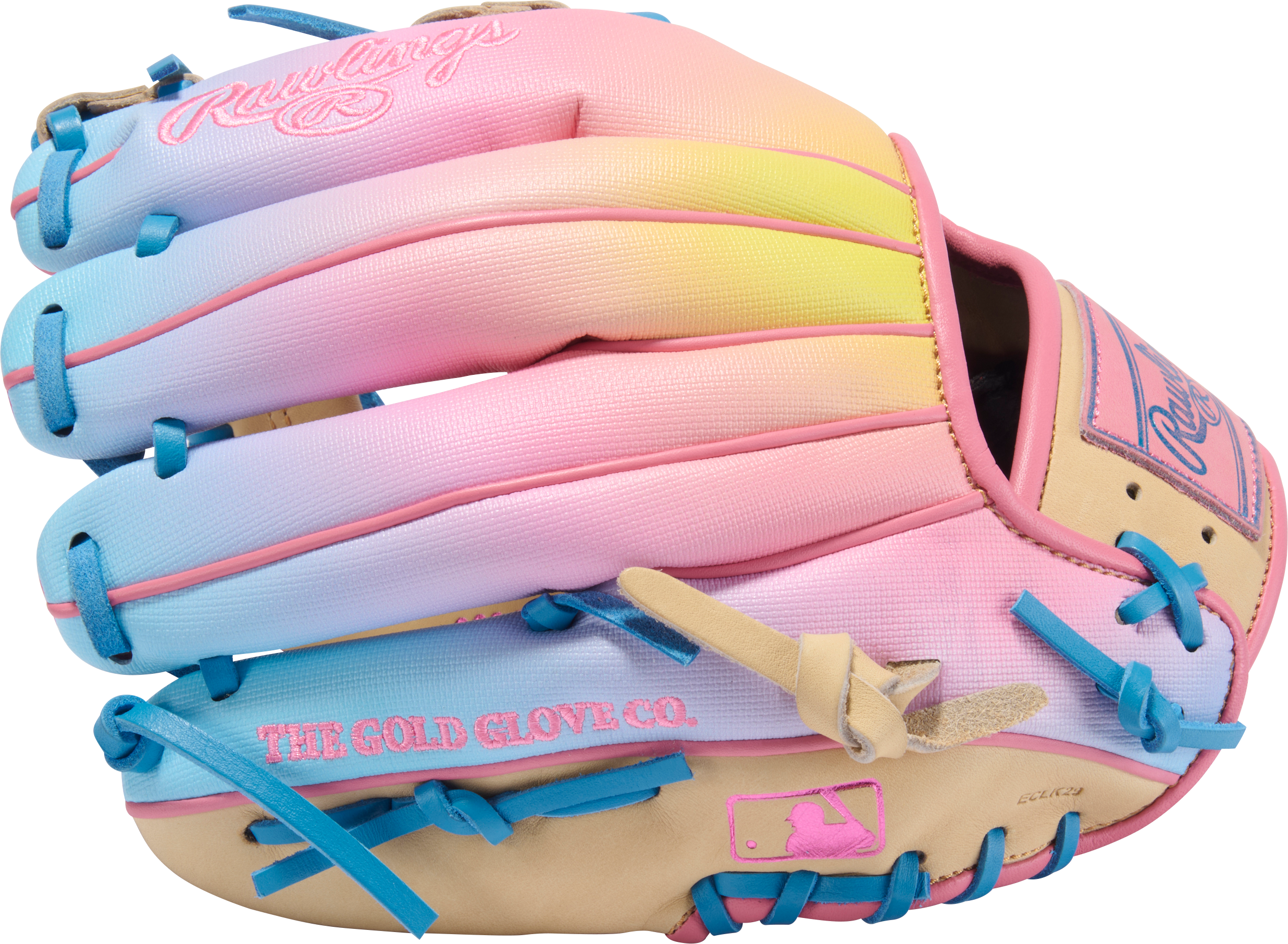 Rawlings HOH Funburst 2.0 11.5" Infield Baseball Glove Camel/Col. Blue/Pink featuring vibrant colors for infield play.