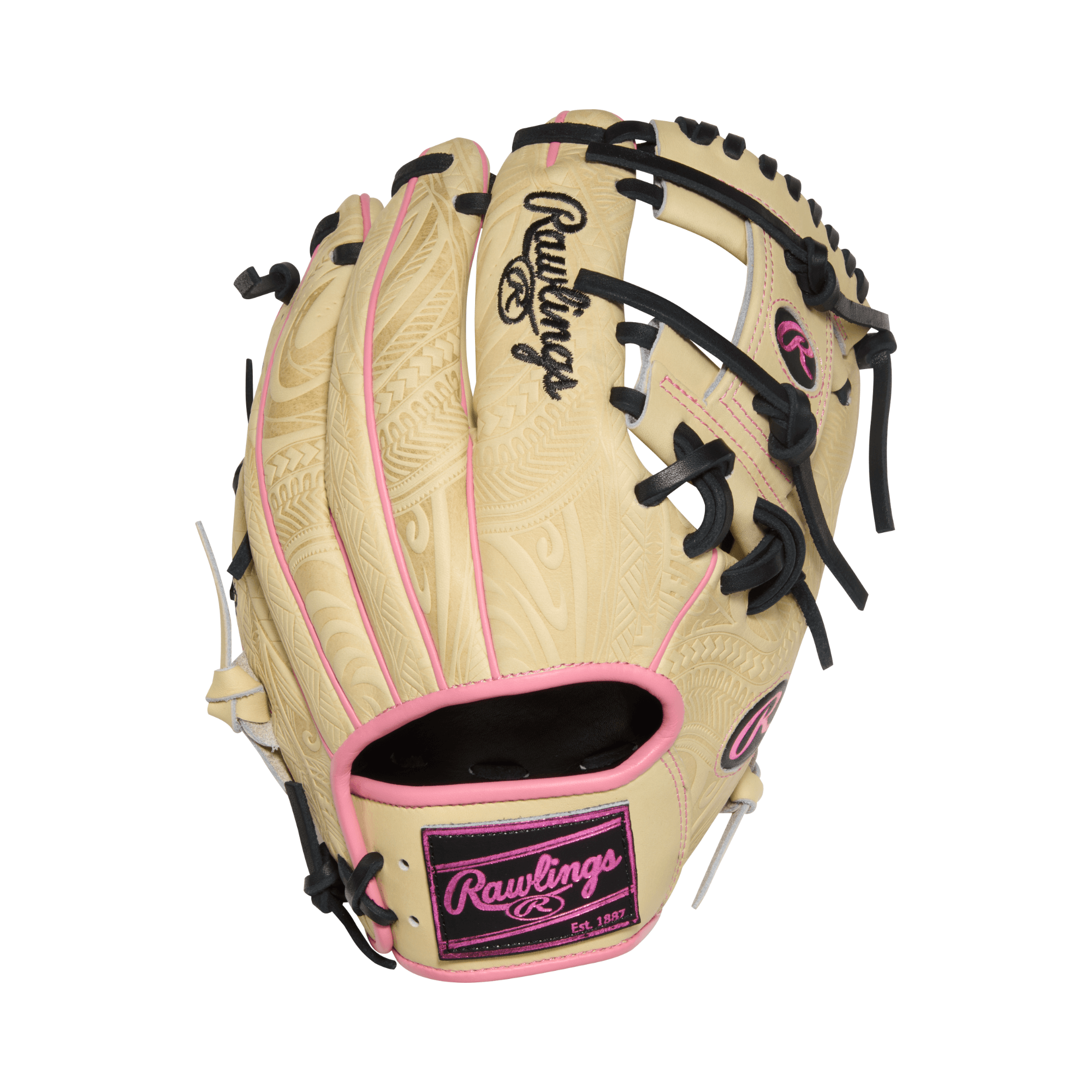 Back view of Rawlings November 2025 Gold Glove Club RGGC (GOTM) PROR204-2CPB 11.5" Baseball Glove with Polynesian indented stamping and leather patch.