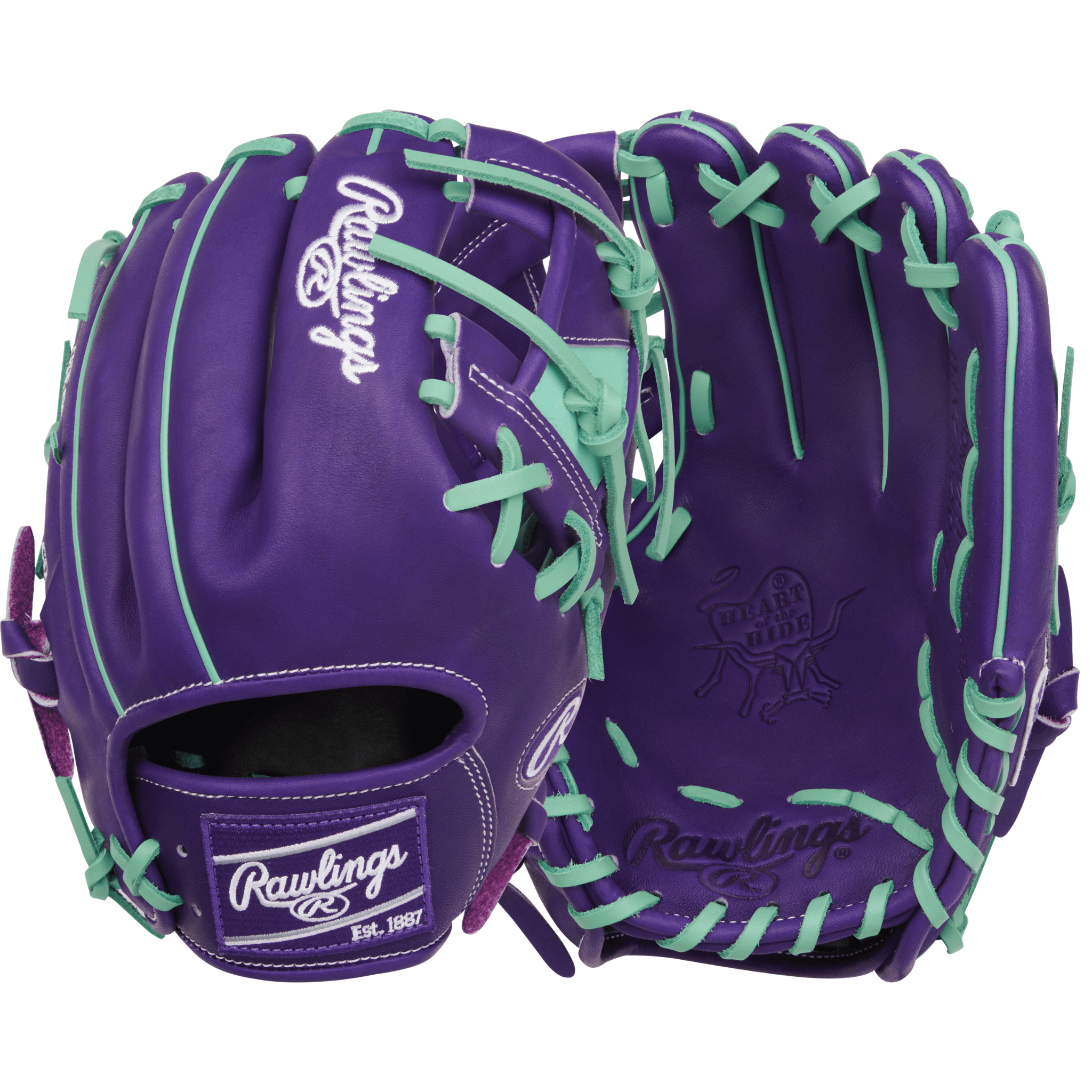 Rawlings REV1X 11.5" Infield Glove Purple/Mint front and back views with Pro I Web and REV1X design