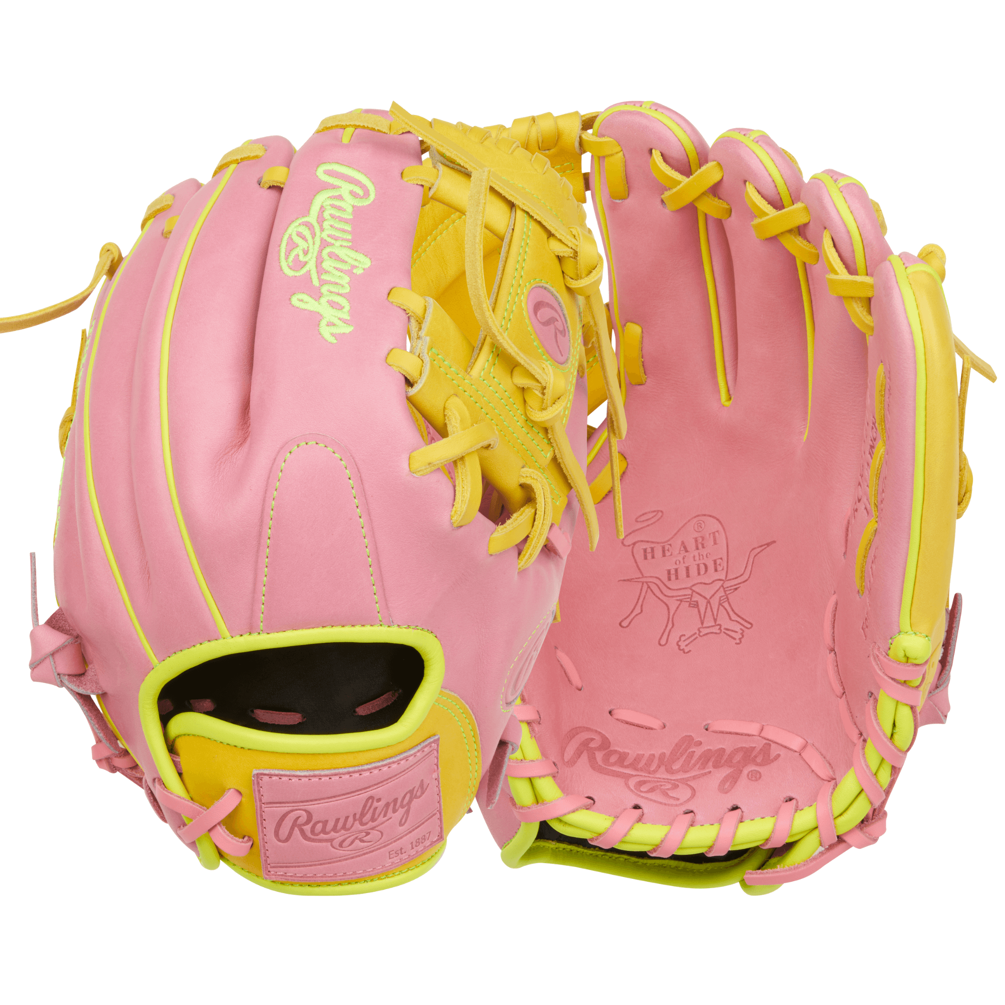 Rawlings HOH 11.5" Infield Glove Pink/Yellow front and back views with Contour Fit and Pro I Web