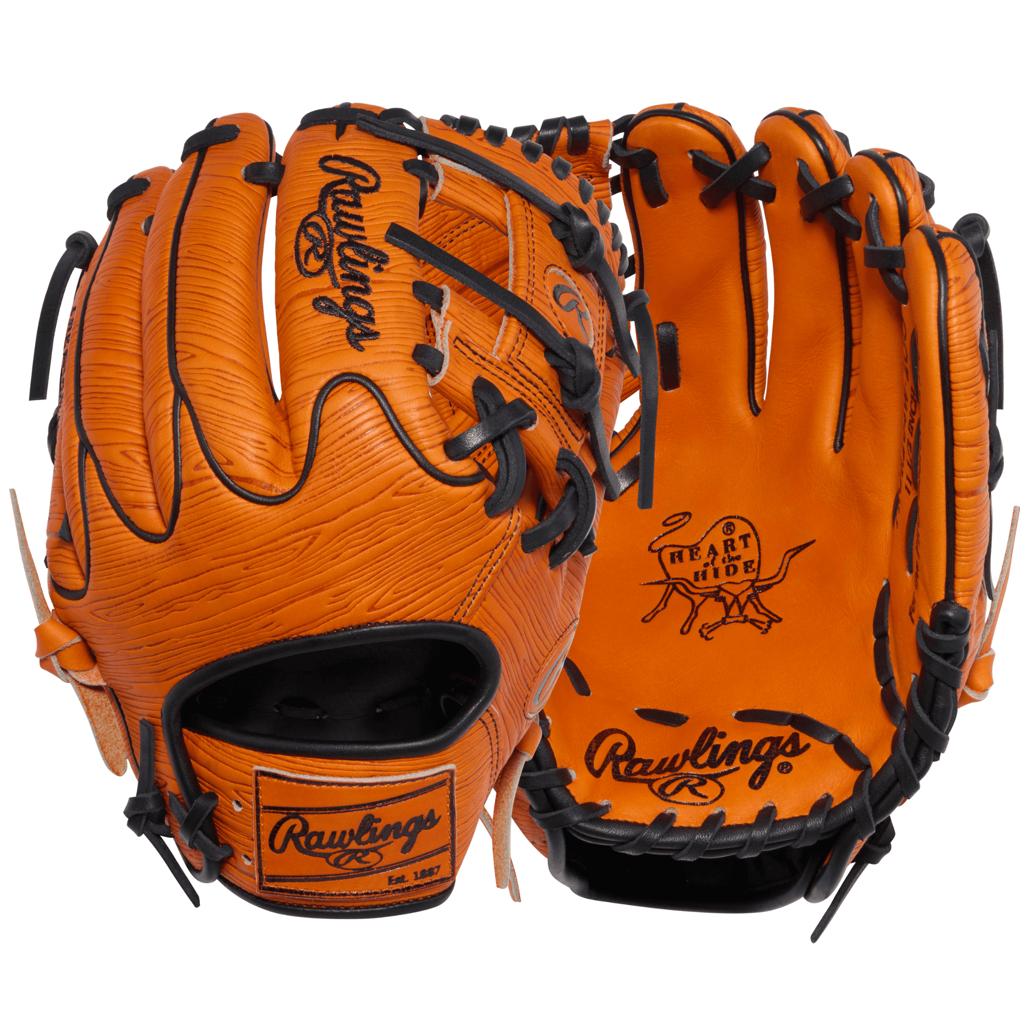 Rawlings March 2026 Gold Glove Club RGGC (GOTM) PROR204W-2OO 11.5" Baseball Glove, orange with black lacing, palm and backhand view.