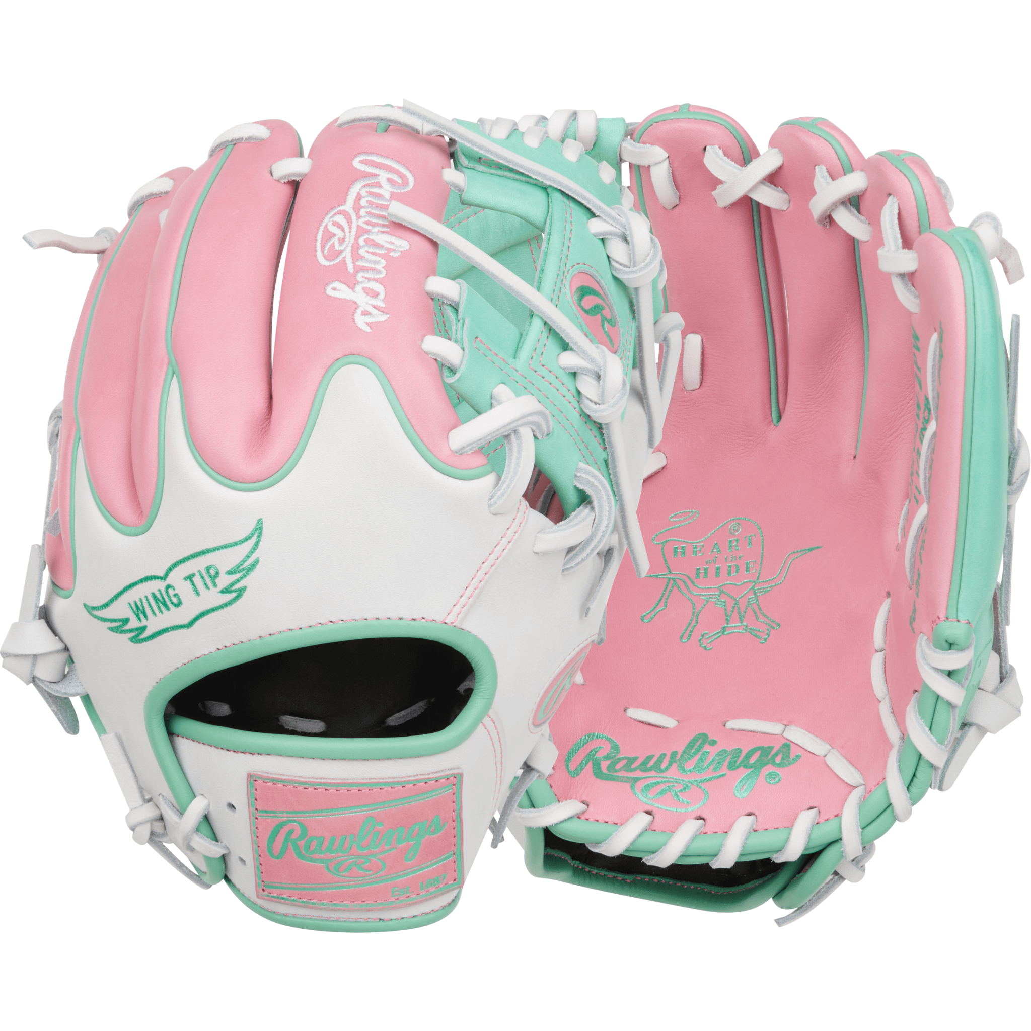 Rawlings Heart of the Hide 11.5" Baseball Glove showing back and palm in pink, white, and mint for infielders