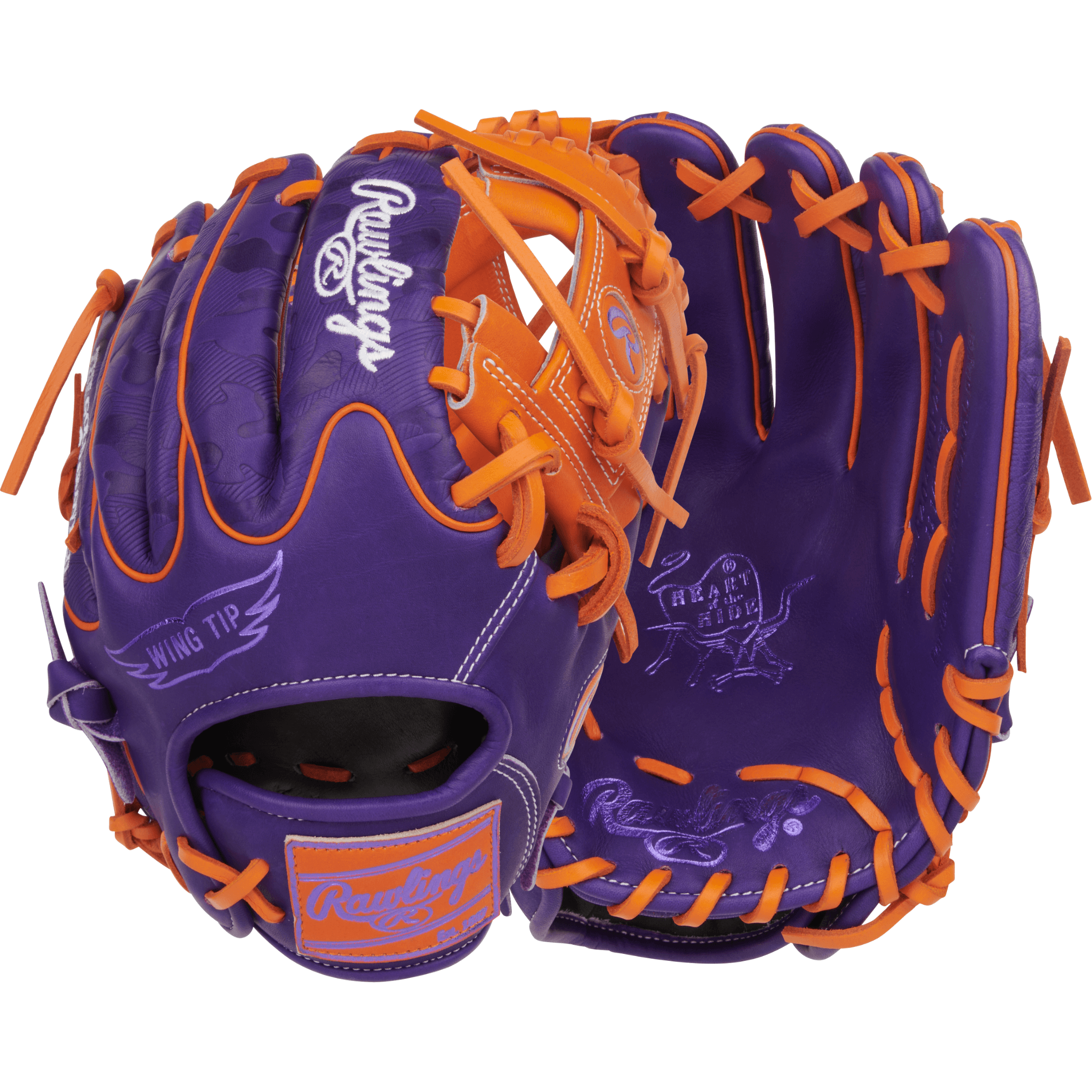 Rawlings Heart of the Hide Contour Fit 11.5" Purple/Orange Infield Glove front and back view