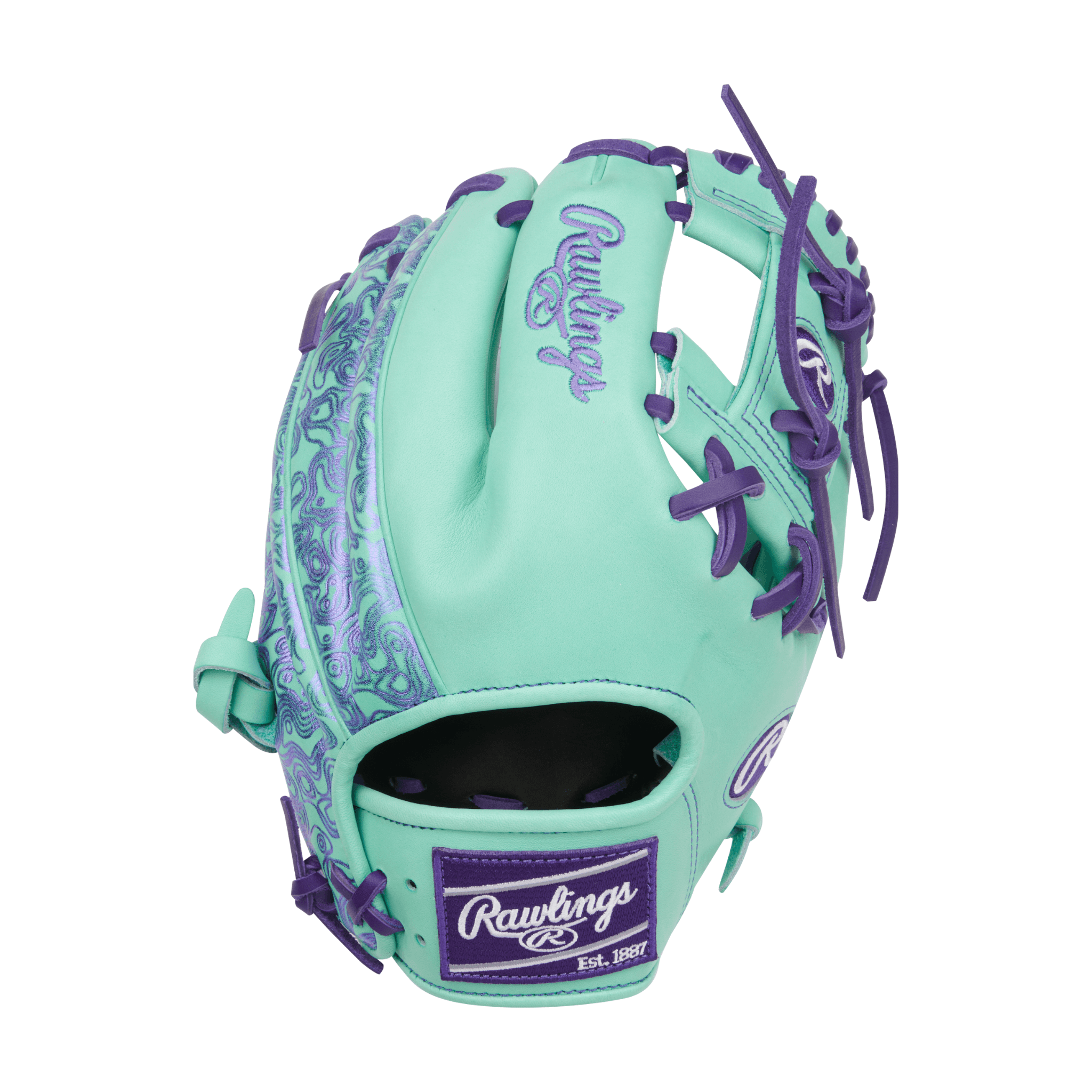 Back view of Rawlings Heart of the Hide 11.5" Mint/Purple baseball glove showing pro-grade steerhide leather and lacing
