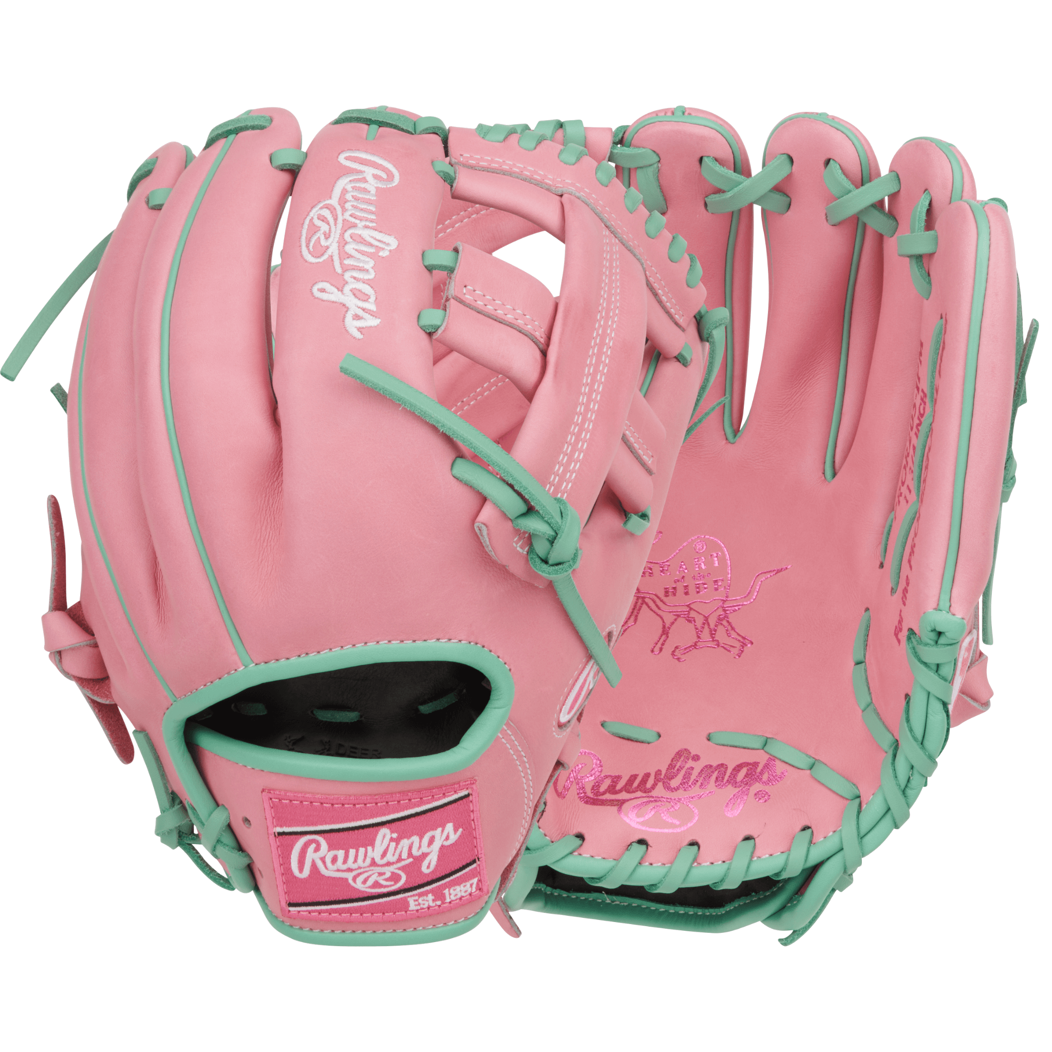 Rawlings Heart of the Hide 11.75" Pink/Mint infield glove front and back view with Single Post web and 200 pattern