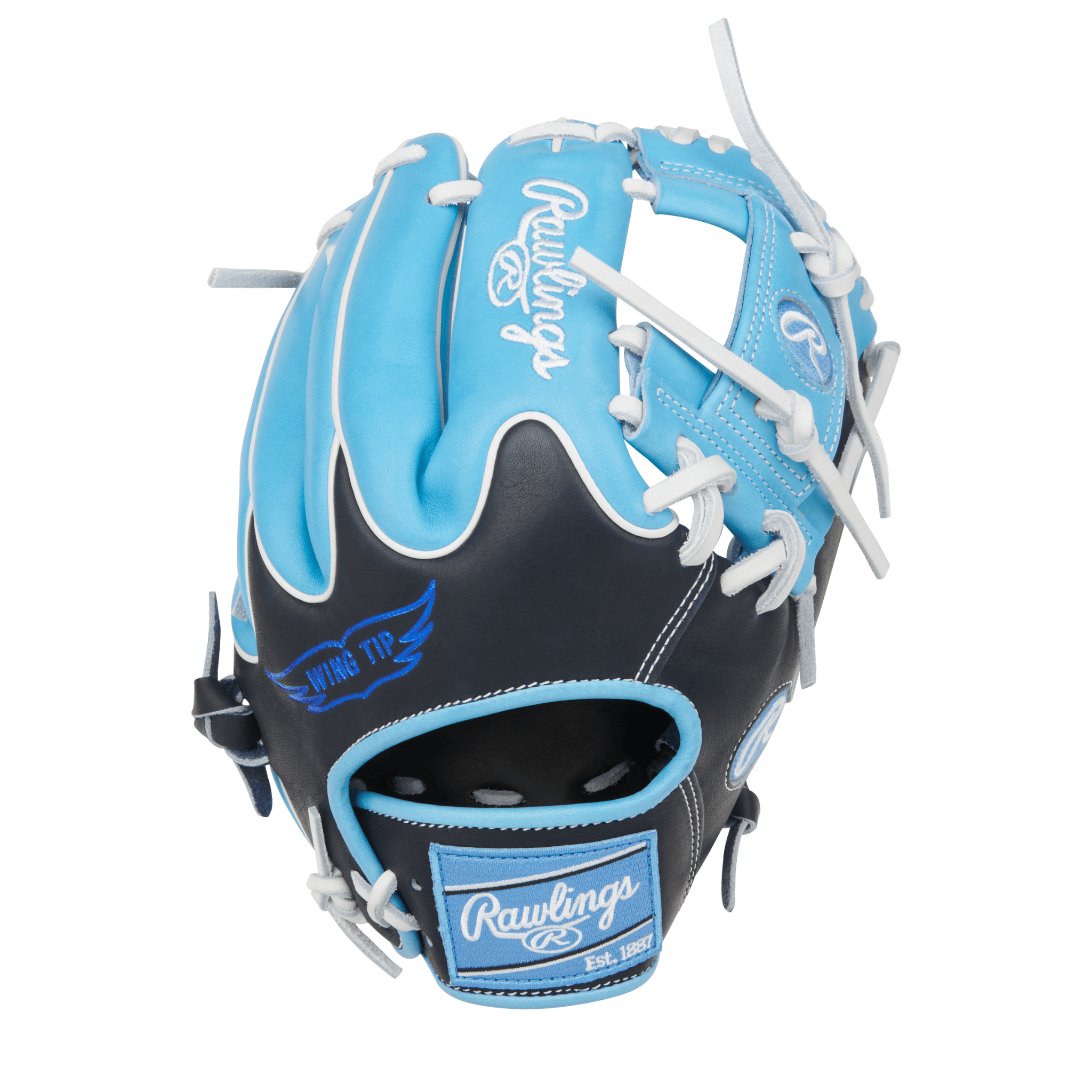Back view of Rawlings Heart of the Hide 11.75" Columbia Blue/Black baseball glove with Wingtip design for comfort and flexibility